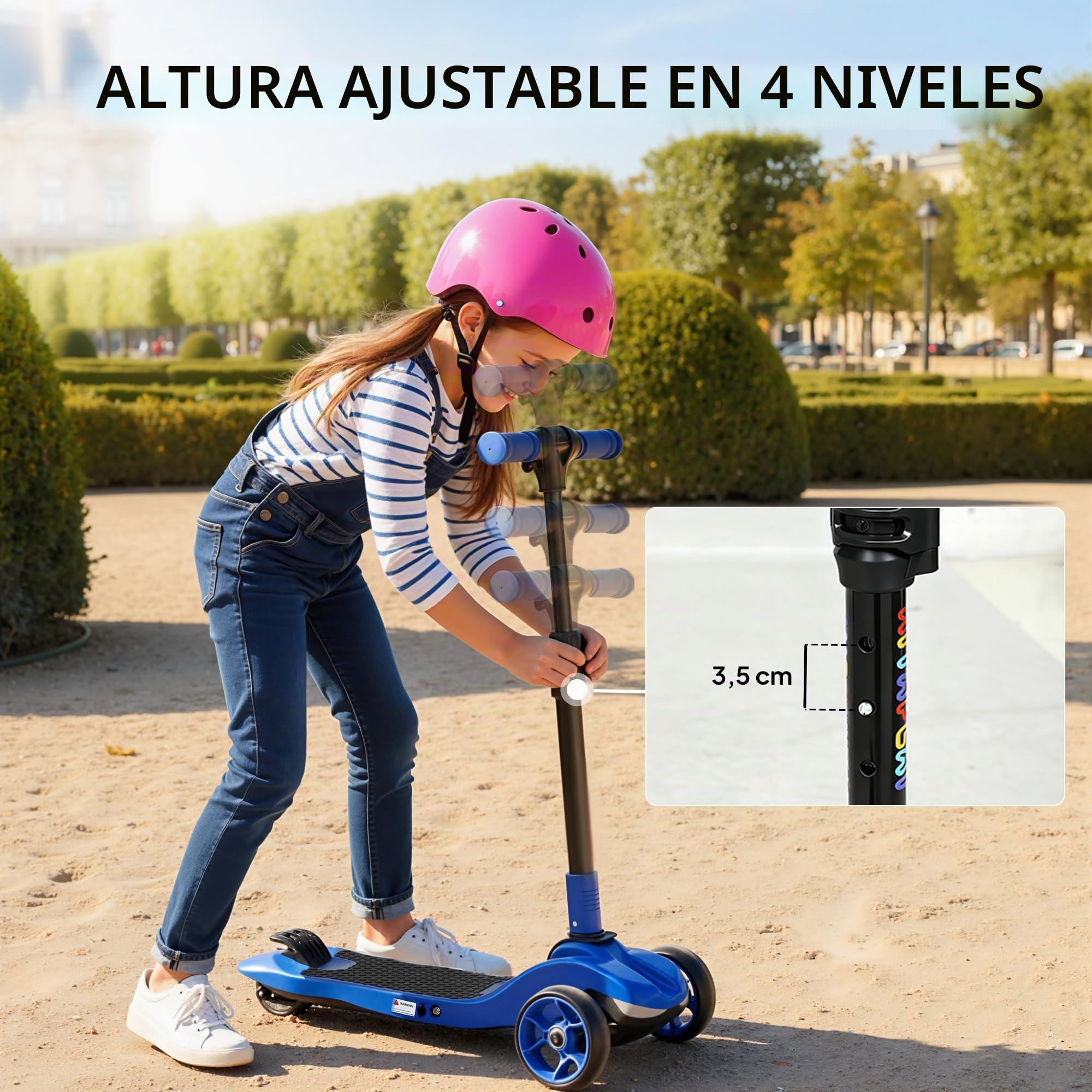 AIYAPLAY Patinete eléctrico para niños Plegable, Patinete eléctrico 6+ Años, 3 Ruedas, arranque cero, velocidad máxima 8 km/h, luces LED coloridas, autonomía 8 km, freno de pie, azul