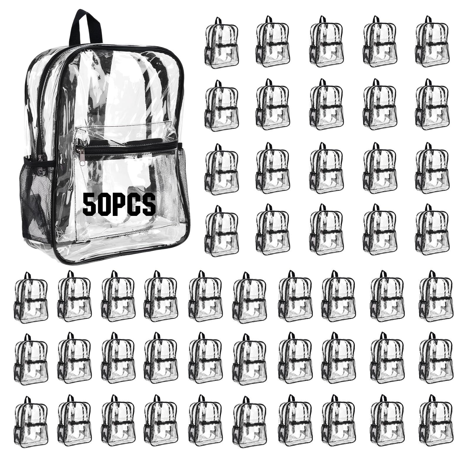 50 Pack PVC Clear Backpack Bulk Waterproof 15 Inch Transparent Backpack for College Travel Sport Work Stadium Approved