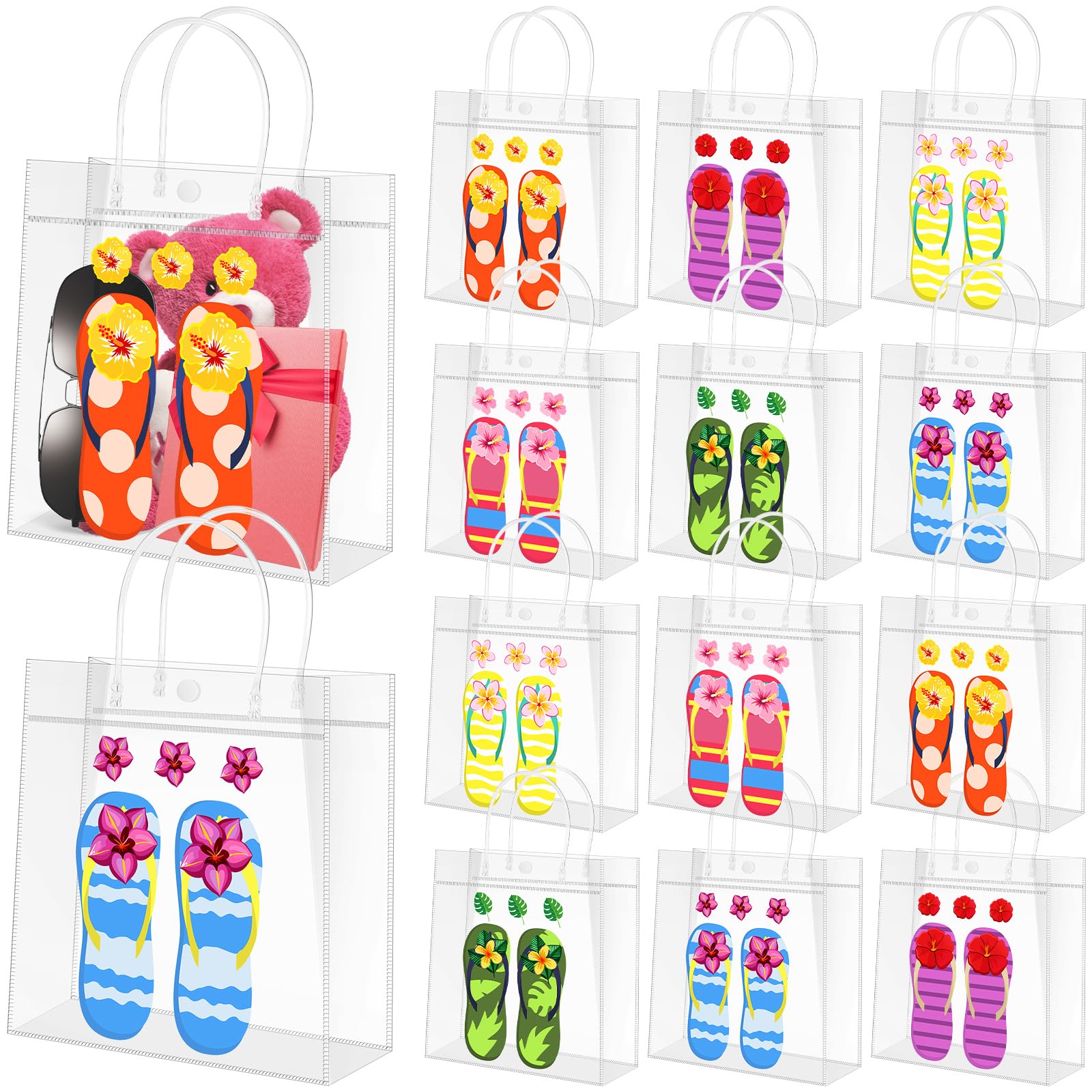 Kolldenn 36 Pcs Flip Flop Clear PVC Gift Bags with Handles Hawaiian Beach Transparent Reusable Goodie Treat Wrap Tote Bags for Summer Pool Luau