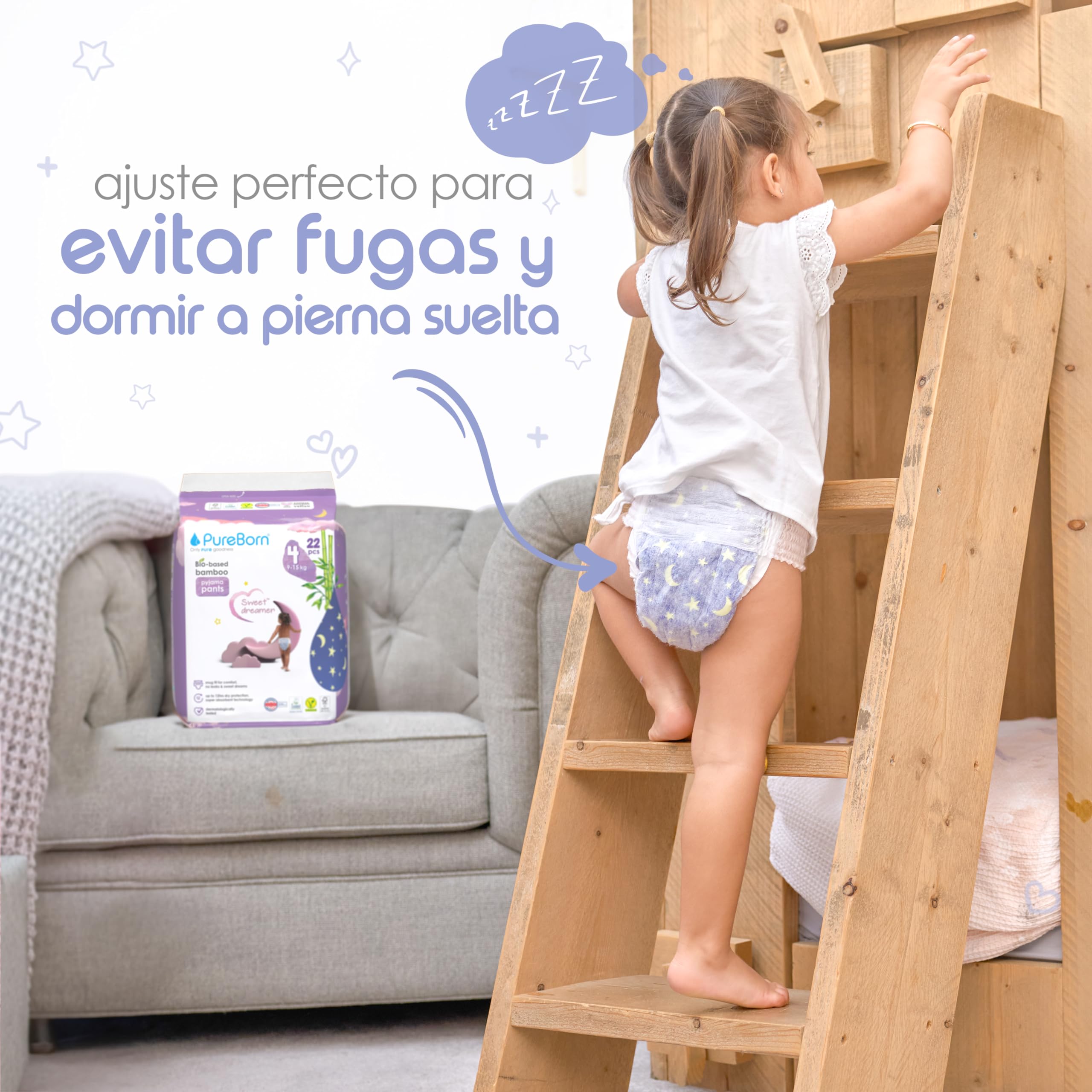 PureBorn Sweet Dreamer Pañales Braguitas de Noche, Talla 5 (12-17 kg), 60 Pañales, Protección Contra Fugas Durante la Noche, Absorción Extra, Confort en Seco, Indicador de Humedad