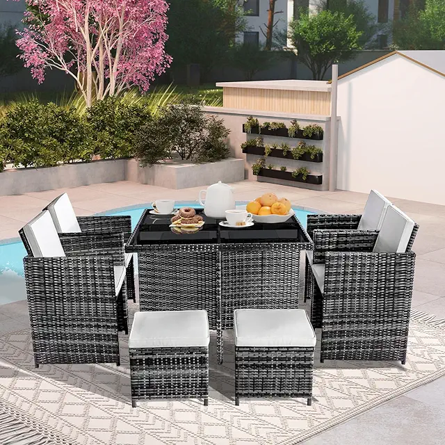 Chiidou 8-Seater Rattan Cube Outdoor Dining Set with Cushions and Glass Table