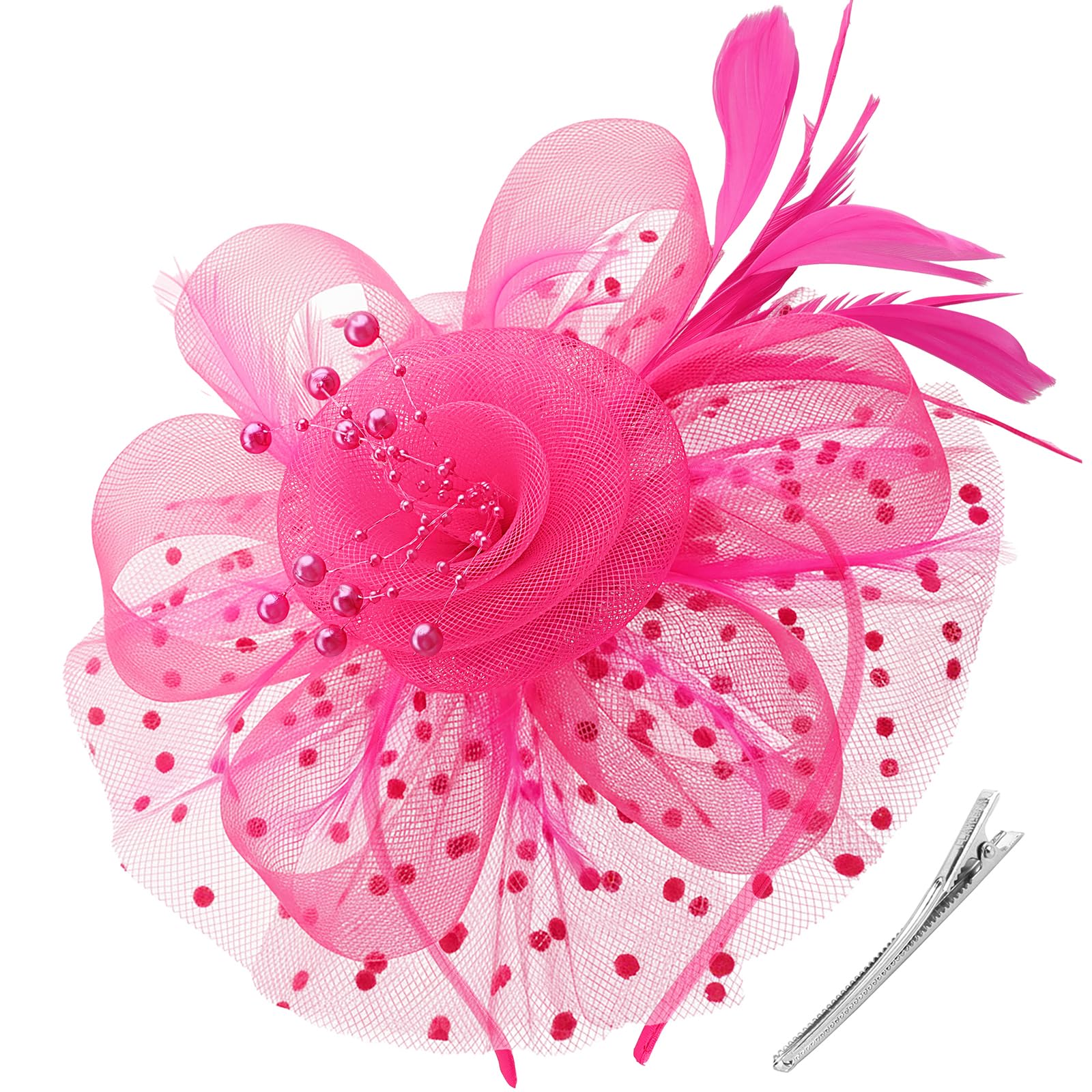 DRESHOW Fascinators Hat Flower Mesh Ribbons Feathers on a Headband and a Clip Tea Party Headwear for Girls and Women