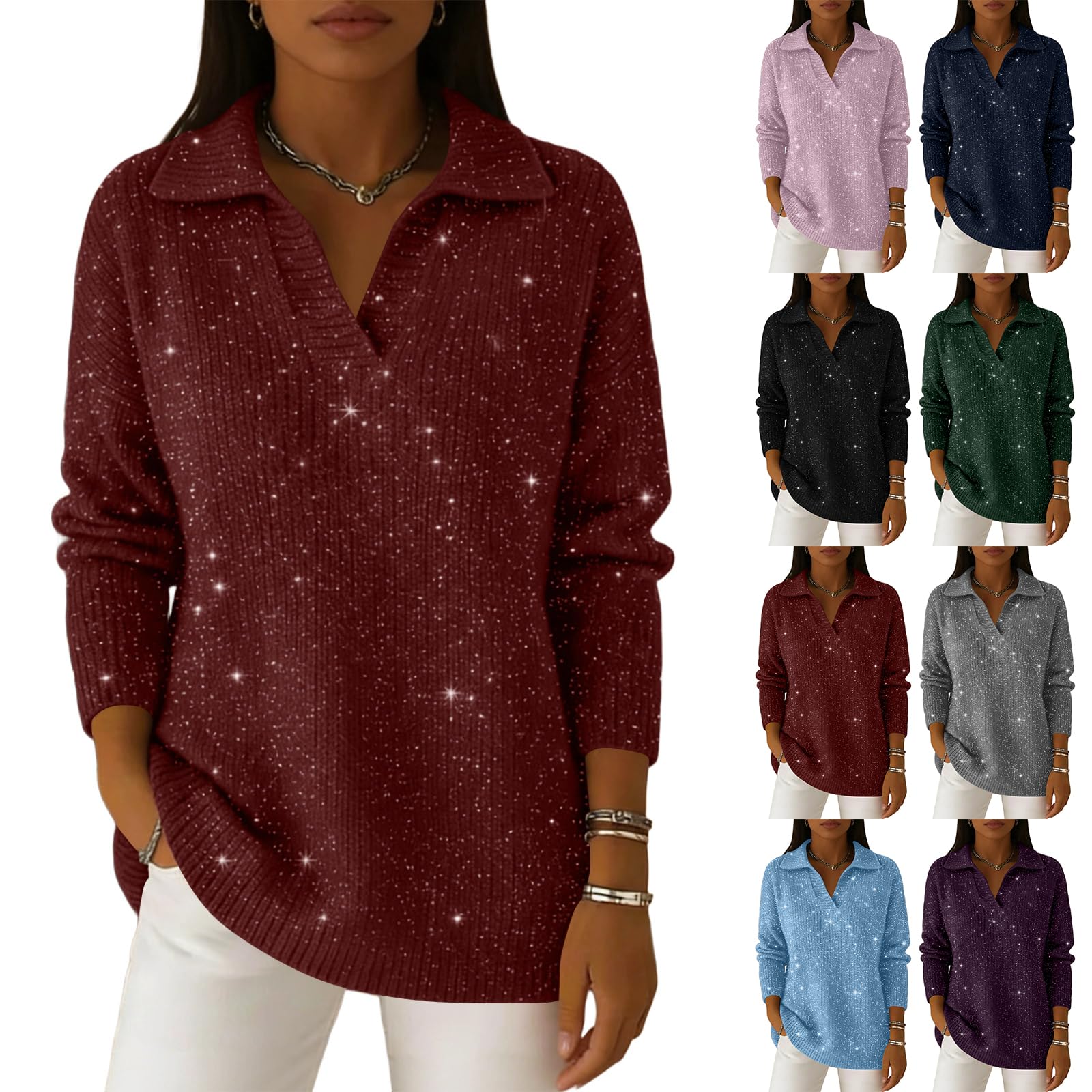 Sparkly Sweaters for Women Oversized Cozy Knit Long Sleeve Polo Sweater Winter Warm Y2k Casual Fleece Pullover Tops