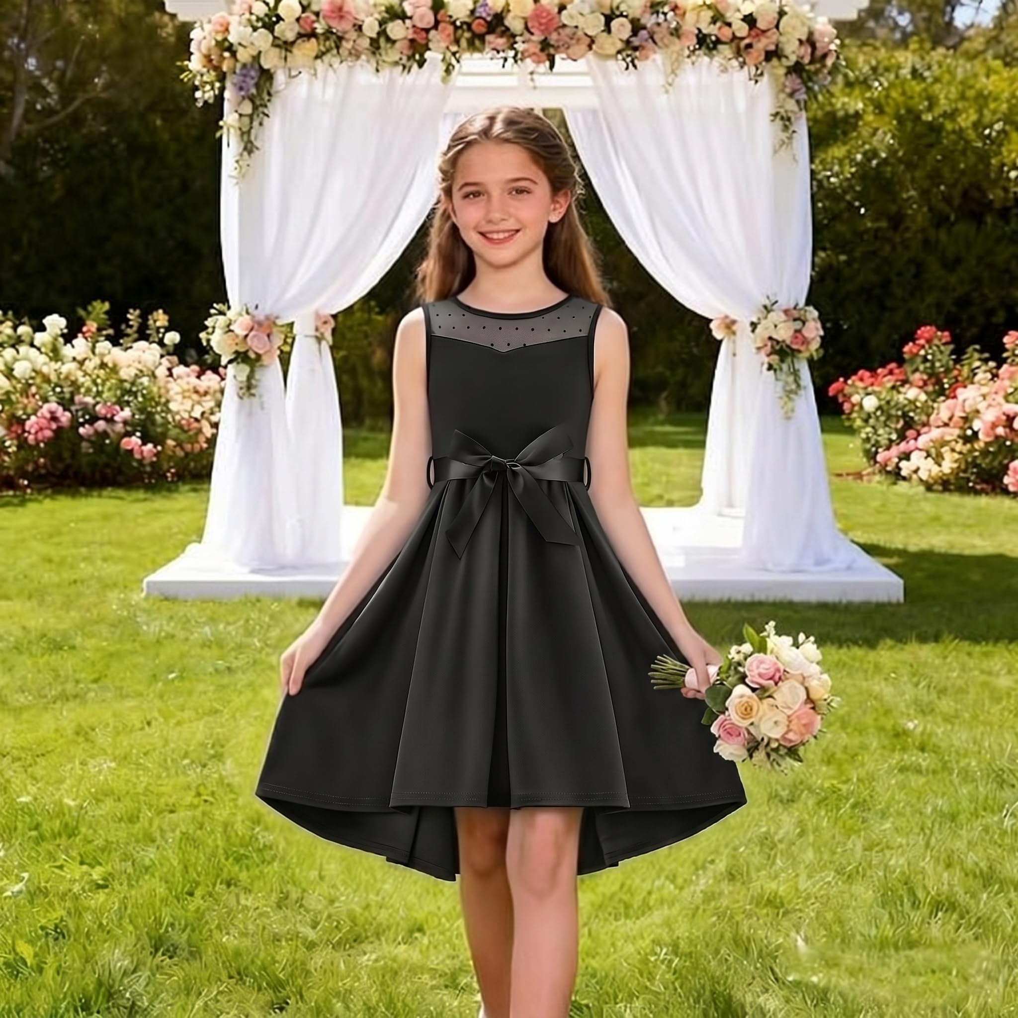Arshiner Filles Robes sans Manches Costume de Mariée Maille Robe Enfants Bal Eté Robes Élégante Fête Robe avec Ceinture pour Fille 5-15 Ans