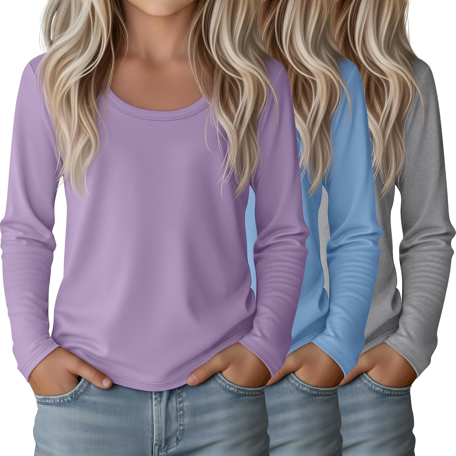 LessonZoo 3 Pack Girls Long Sleeve Shirts Kids Cotton Scoop Neck Casual Tops Loose Soft Layering Basic Tees 5-14 Years Teens