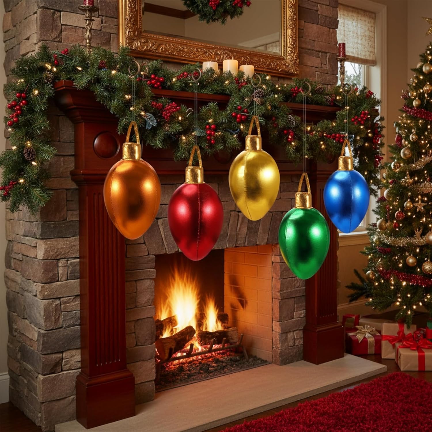 5 Pack 11.8" Christmas Inflatable Bulb Ornament with Glitter Cloth Cover, Giant PVC Xmas Blow Up Ornaments Holiday Blow Bulb for Yard Outdoor Lawn Porch Decorations (Classic)