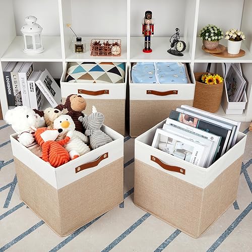 Vista 158 de HNZIGE Juego de 4 canastas de almacenamiento de tela, 12 x 12 pulgadas, juego de 4, canastas decorativas para organizar con asas, cubos cuadrados