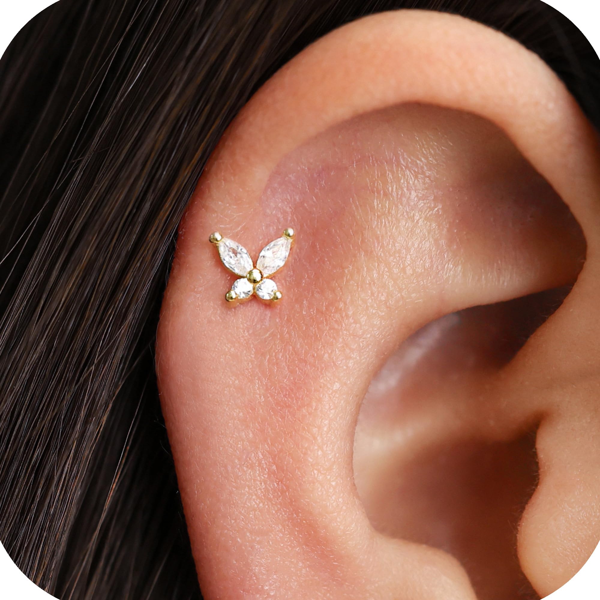 925 Sterling Silver Butterfly Gold Screw Back Stud Earrings for Women/Girls, Small Stud Earrings for Helix Cartilage Tragus Earlobe Conch Piercing Jewelry 20 Gauge