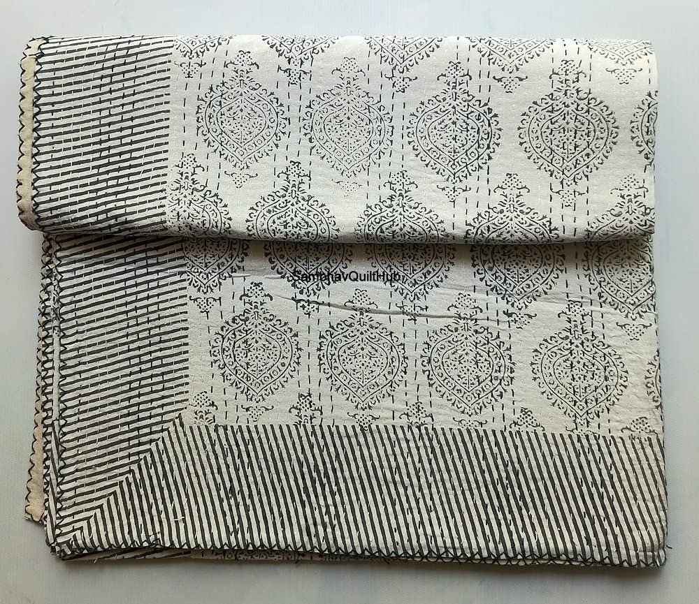 Coperta Trapuntata Kantha Indiana | 100% Cotone Blu Indaco | Copriletto Bohemien Fatto A Mano 152x228 Cm