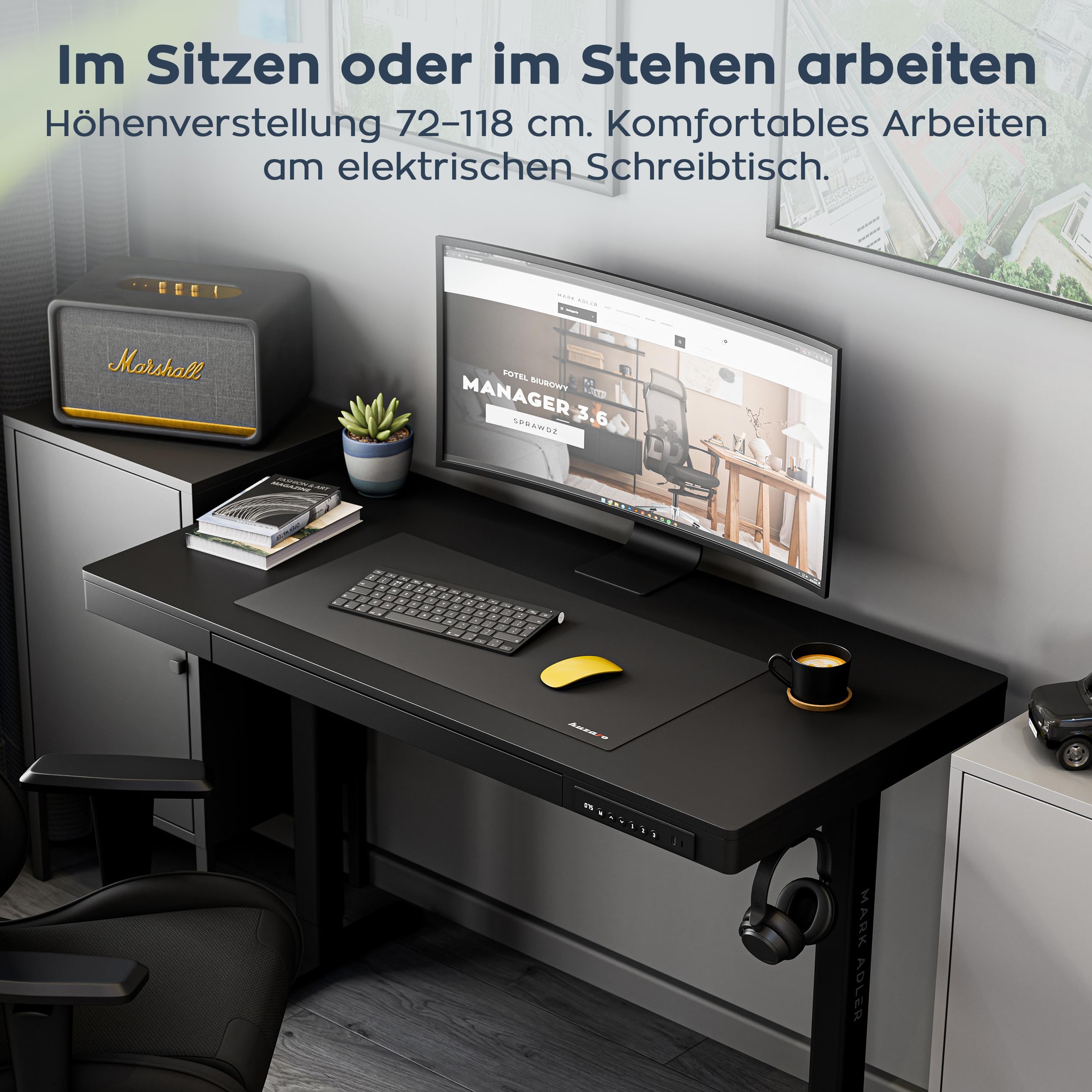 MARK ADLER Leader 8.2 Höhenverstellbarer Schreibtisch mit Schublade | 120x60cm - 3 Memory-Steuerung - USB- und C-Buchse - 2 Halterungen - Touchscreen - Homeoffice Büro – Schwarz