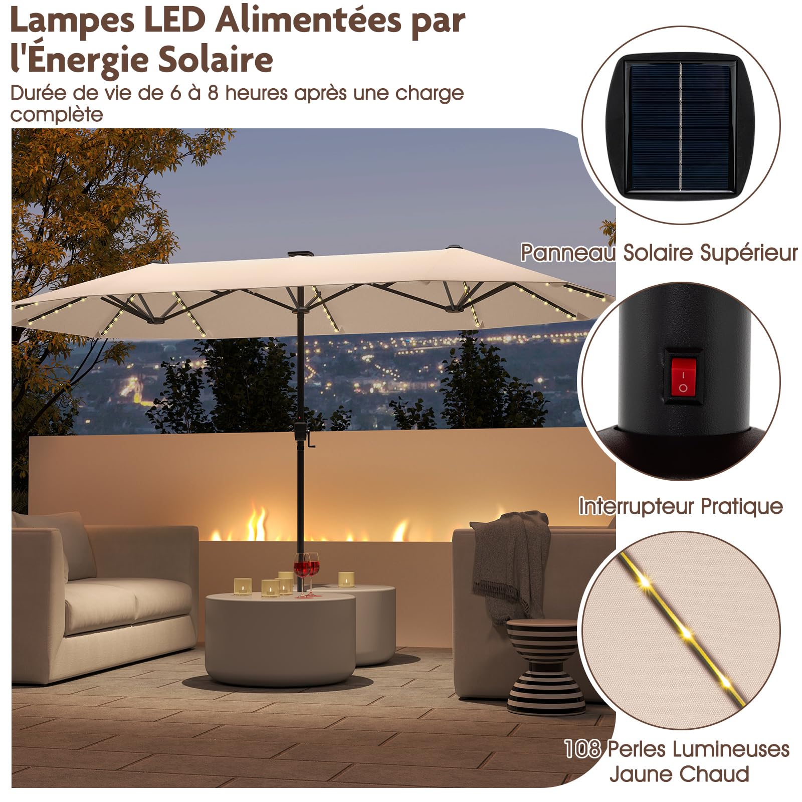 GOPLUS 3,8M Parasol de Jardin Extérieur Double, Grand Parasol Rectangulaire avec LED Coloré, Manivelle, Panneau Solaire, 12 Baleines, pour Terrasses Balcon Cour Marché (Beige)