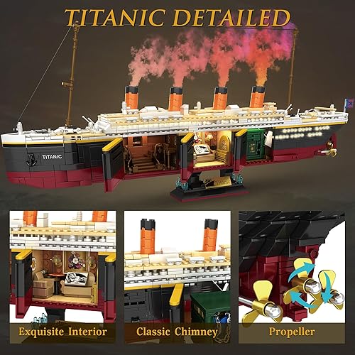 Miniatura 3 de Titanic - Juego de construcción de 2288 piezas Titanic Big Ship Model Block con glaciar y tira de luz brillante, juego de modelo de construcción