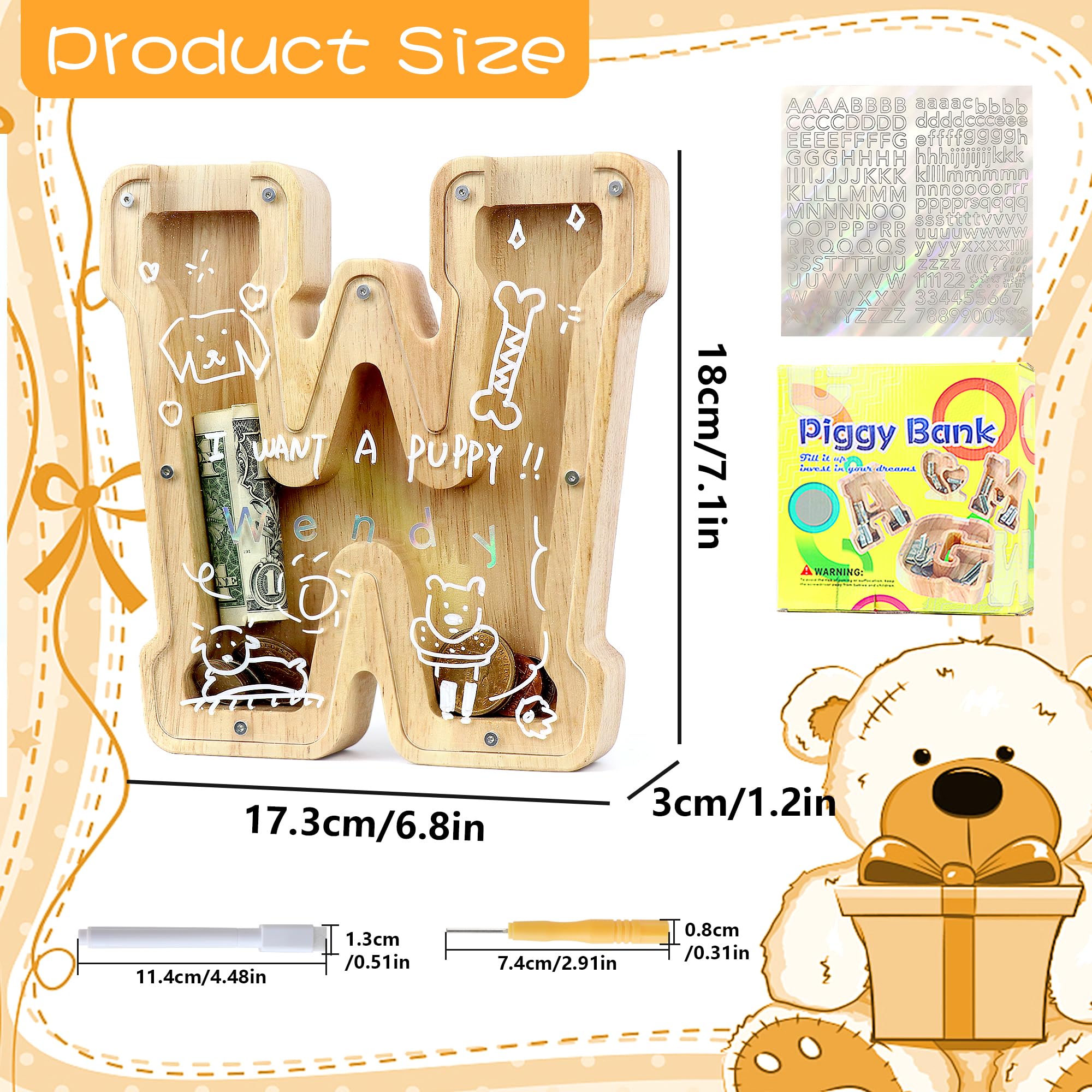 Mikytoper Money Box for Kids Wooden Letter Piggy Banks for Kids Money Box with Target Area Personalized Money Box Clear Money Bank for Gift Decoration Baptism (W) - Image 2