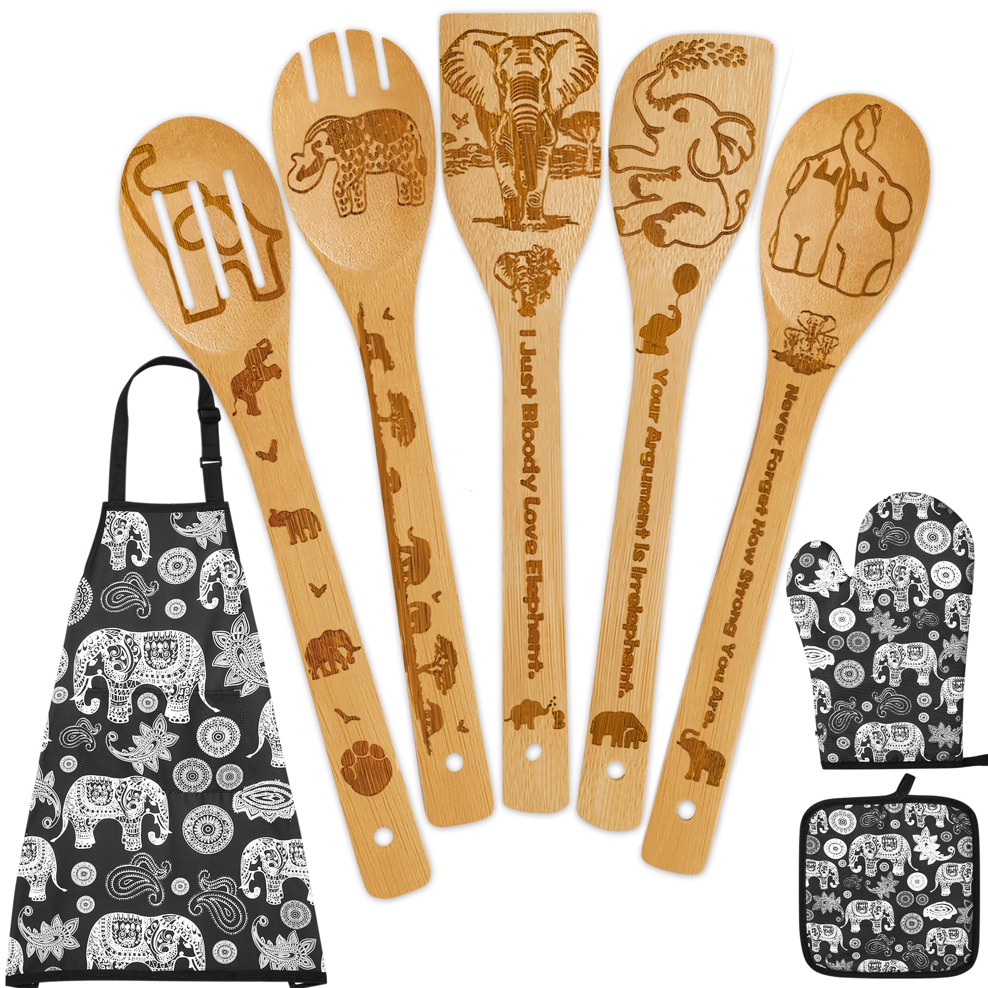Elephant Gifts for Women,8pcs Elephants Bamboo Cooking Utensil Spoons with Apron Oven Mitt Potholder,Personalized Elephant Gift for Mom,Housewarming Kitchen Decor,Easter,Birthday,Mother's Day