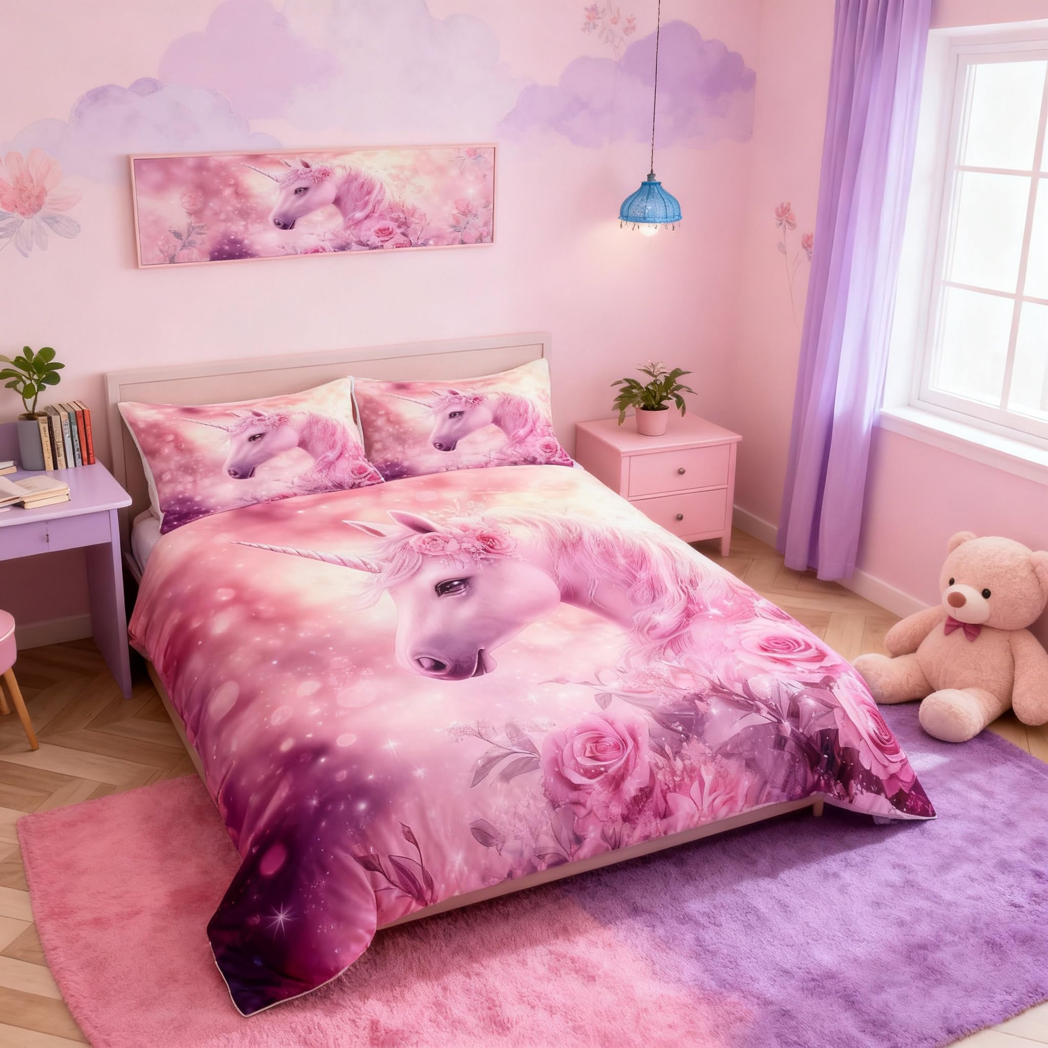 Housse de couette licorne 135 x 200 cm, le cadeau de princesse parfait