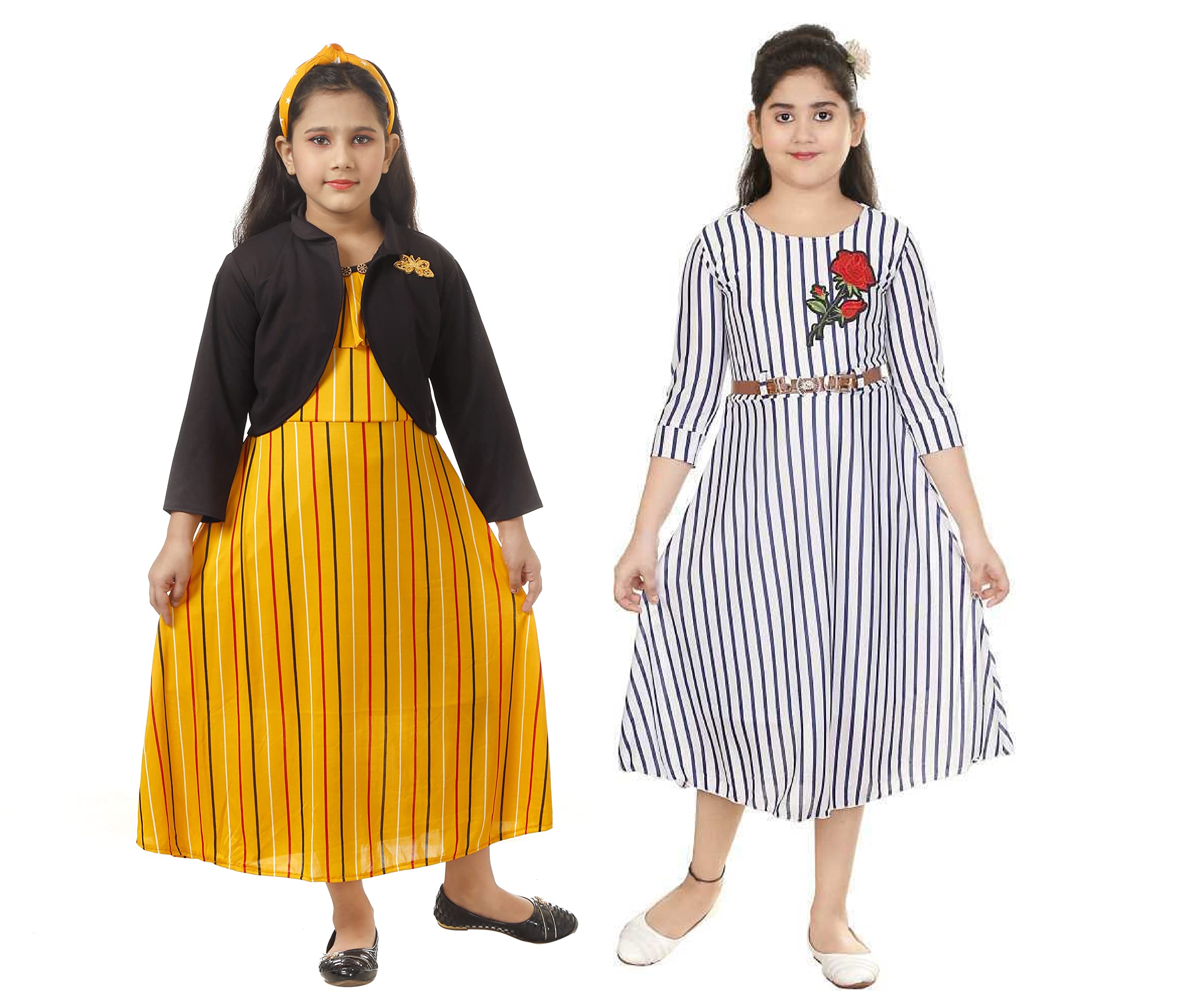 VASTRAFAB Kids Girls Stylish Gold and White Maxi Frock and Dresses Pack of 2