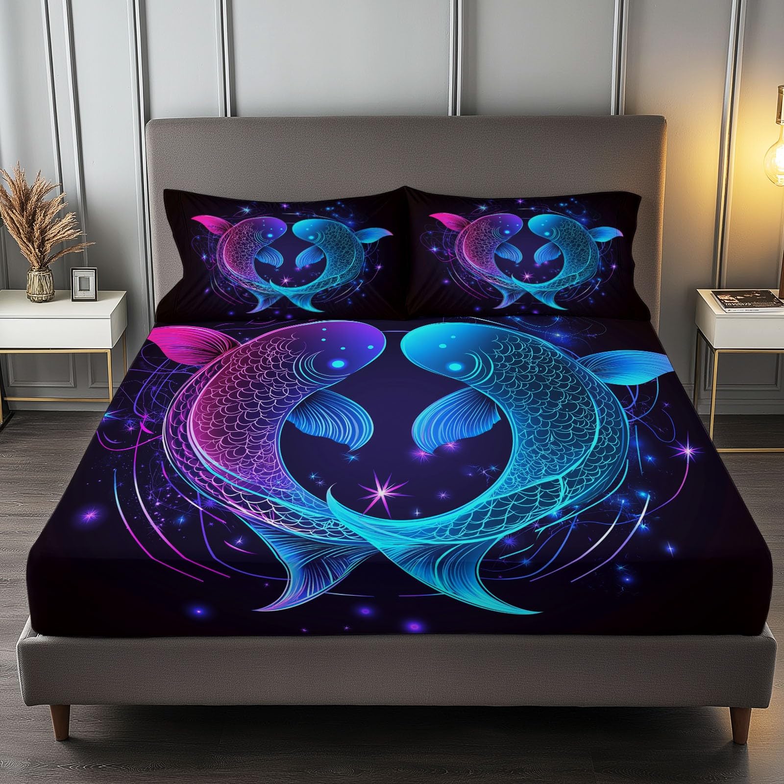 Fitted Sheet Twin Size, Fantasy Constellations Stars Bedding Set, Boys Girls Adults Bedroom Decor, Soft Bed Sheets Microfiber Wrinkle and Fade Resistant Blue Purple