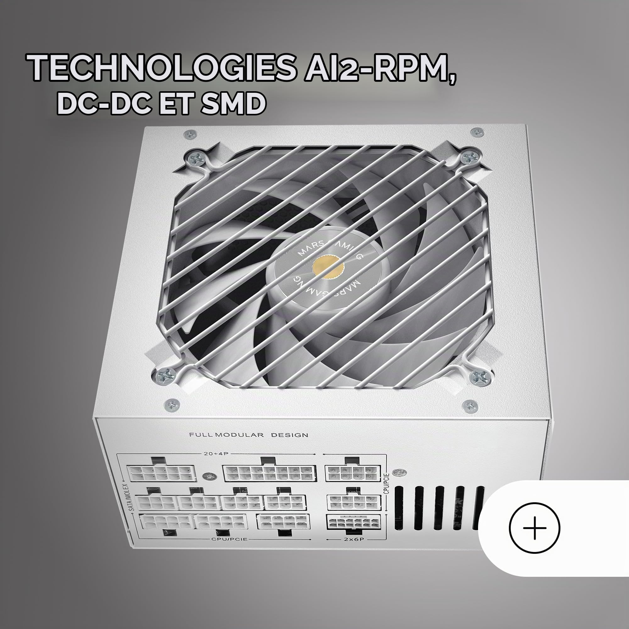 MARS GAMING MPB1000SIM, Bloc d'alimentation Full Modular ATX 1000W, 7 Ans Garantie, 80Plus Gold 90%, Ventilateur SI Extreme Silence 140mm, Technologies AI2-RPM, Condensateurs Japonais, Blanc
