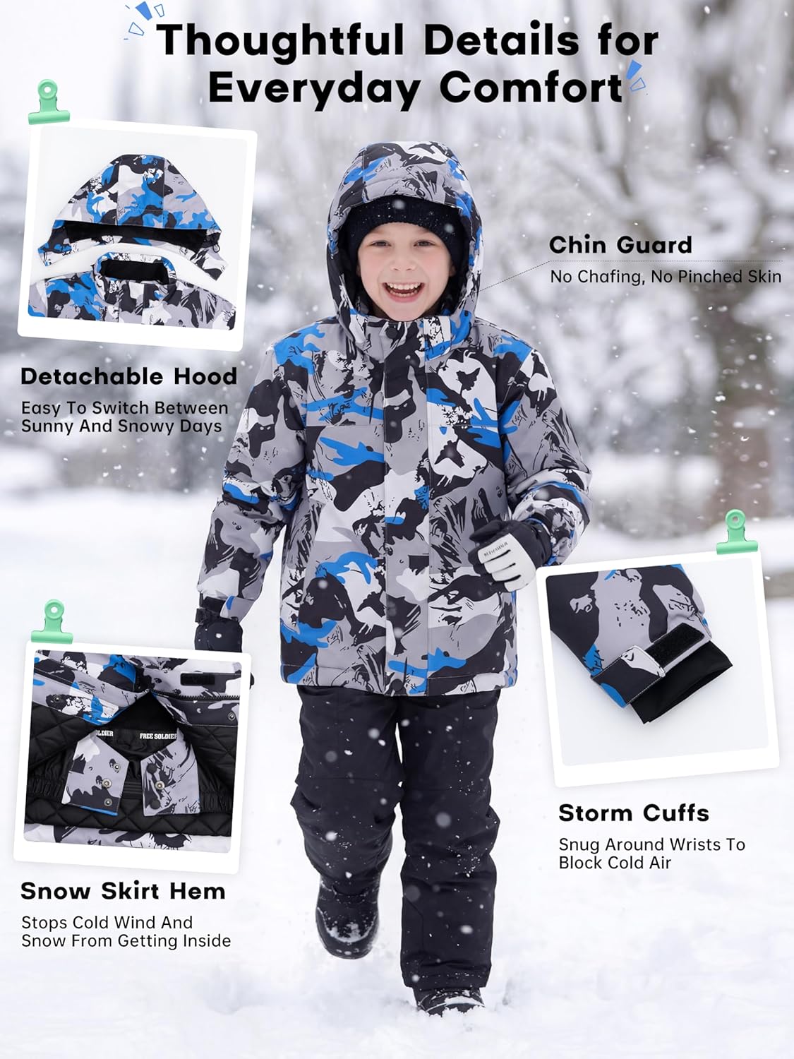 FREE SOLDIER Boy's Waterproof Warm Ski Jacket Windproof Fleece Thick Kids Winter Coat with Hood for Snowboarding Outdoor - Image 6