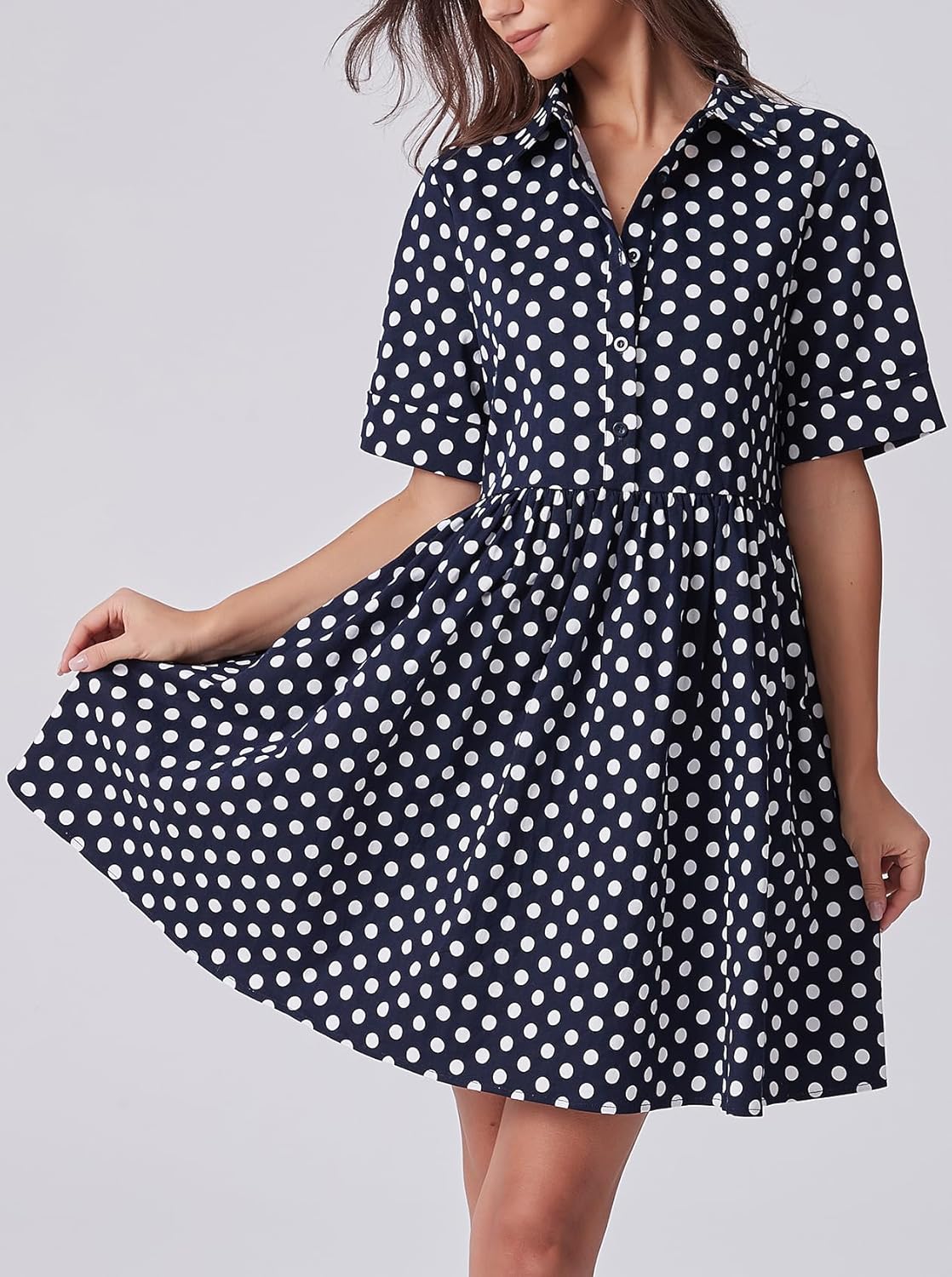 Ladyful Polka Dot Dress for Women 2026 Summer Short Sleeve Shirt Mini Dress Collared V Neck Casual Ruffle A-Line Dresses - Image 5