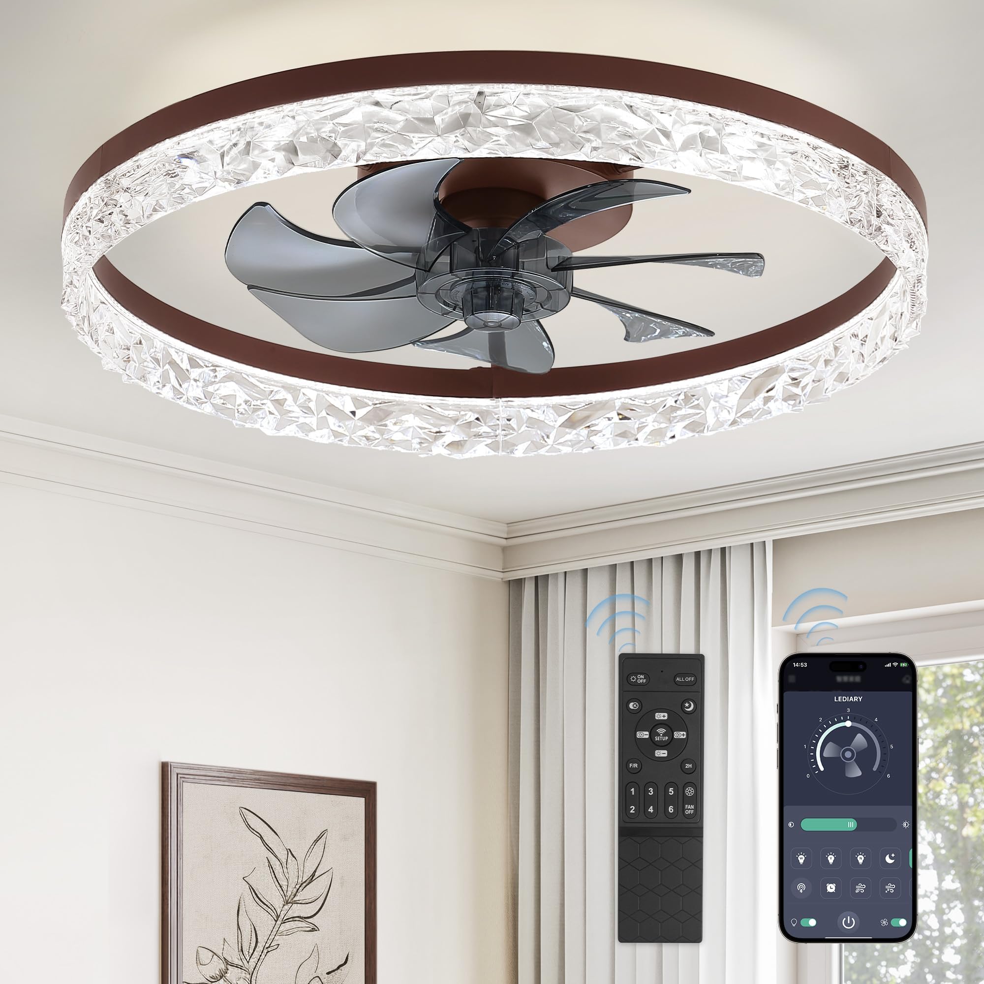 LEDIARY - 20 inch modern ceiling fans with lights and remote control, low profile adjustable ceiling fan, recessed ceiling fan, continuous change