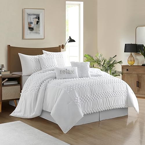 Miniatura 2 de Grand Avenue Juego de edredón blanco tamaño California King, juego de ropa de cama de 7 piezas, diseño de puntos, decoración del hogar para todas