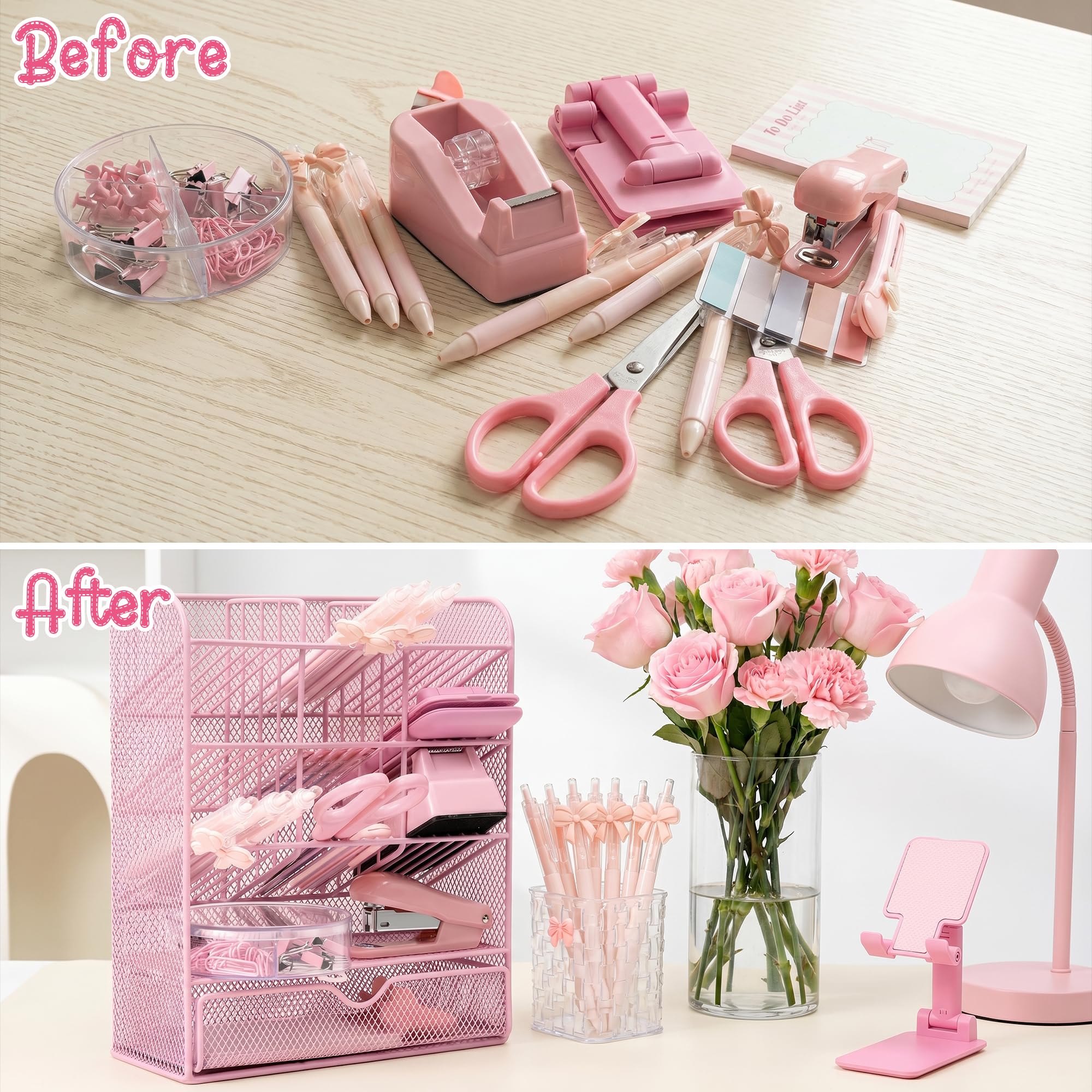 WATINC Accessori per organizer da scrivania rosa, 21 pezzi, per ufficio e scuola, con organizer da scrivania in rete, portapenne, dispenser per nastro, righello, clip, supporto per telefono, kit di