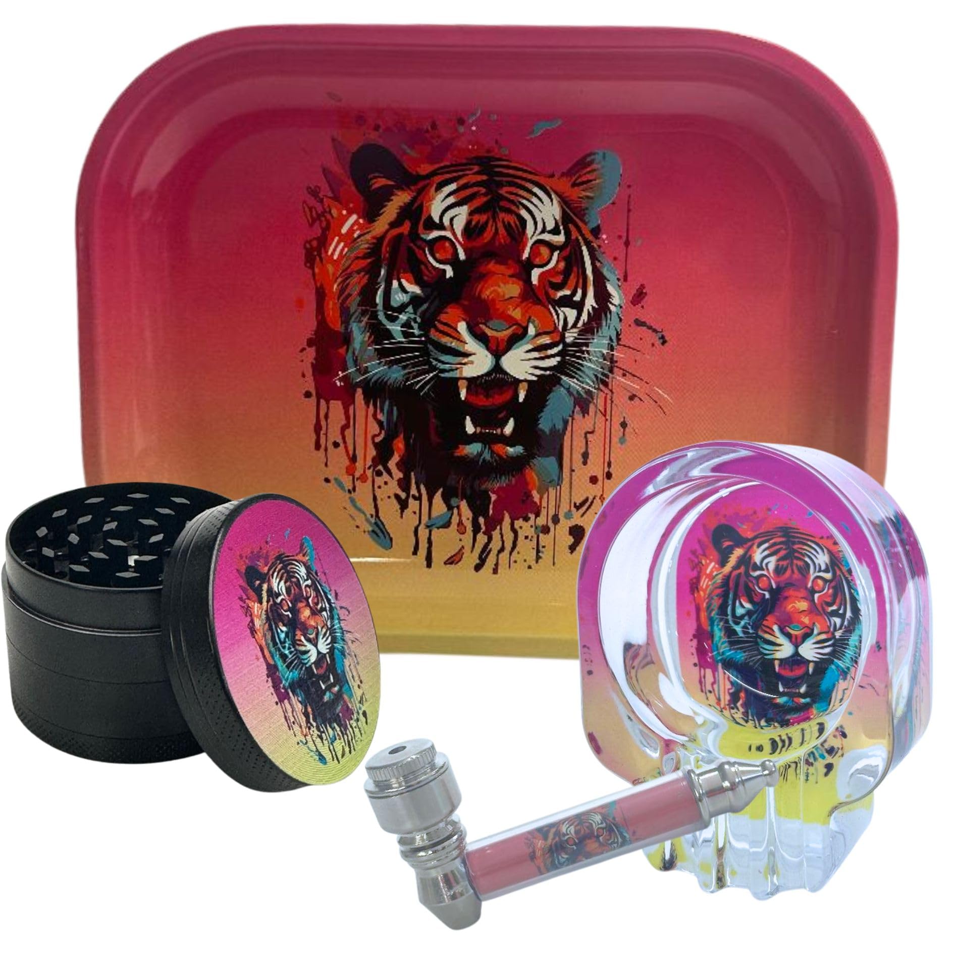 Rolling Tray Set 18 x 14 cm with Glass Ashtray, 50mm Metal Crusher & Metal Tobacco Pipe – Gift Kit for Smokers With Gift Pack For Christmas Fathers Day Her & Him (Gift Set (Design H))