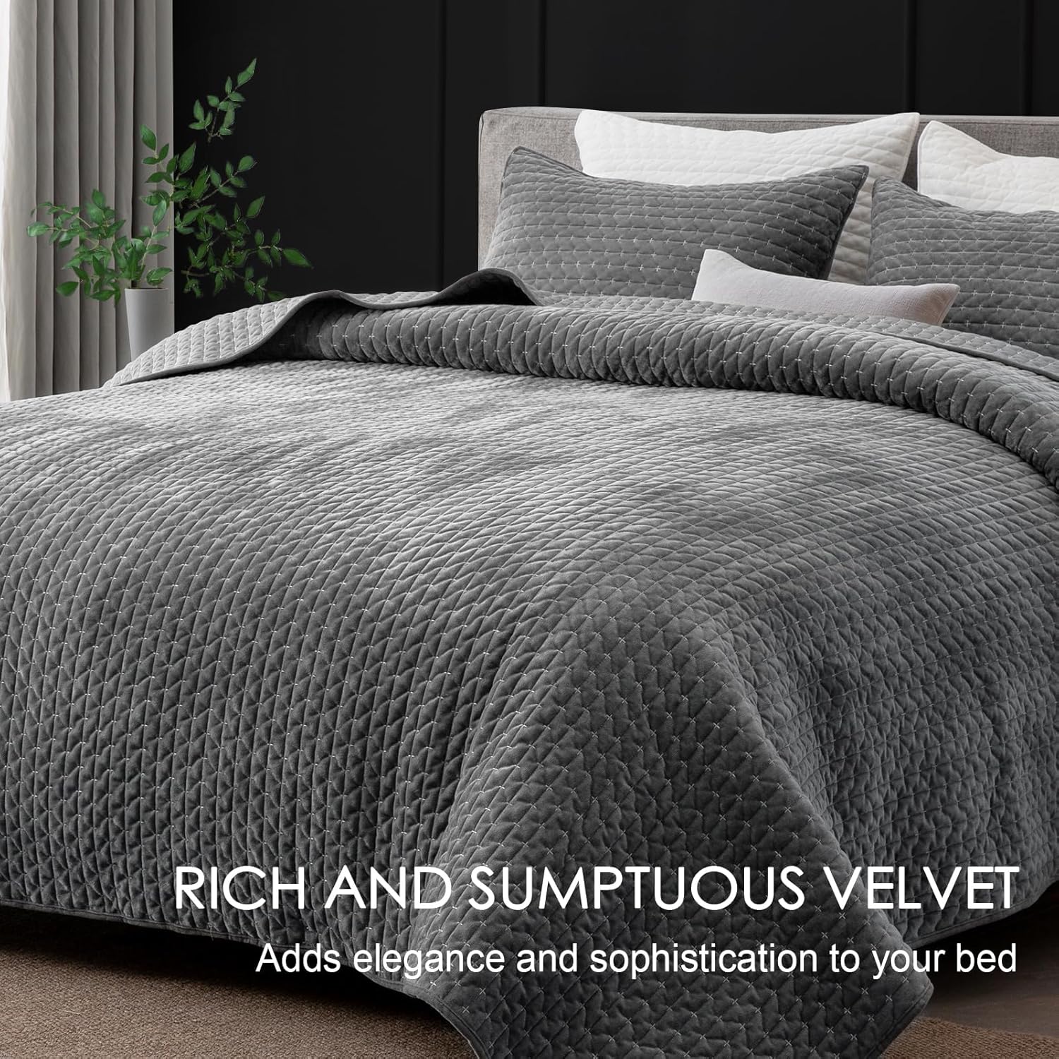 Powdion Velvet Quilt Queen Size, Oversized Bedspread Quilted Bedding Set, Luxurious Coverlet Set Lightweight Velvet Comforter for All Season with Pillow Shams Charcoal Gray, Striped Queen 90x96 - Image 2