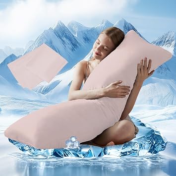 DOWNCOOL Large Body Pillow Insert with Cooling Cover - Soft Long Bed Pillow for Summer - Breathable Full Body Pillow for Adults - 20x54 inch Pink, with Cover