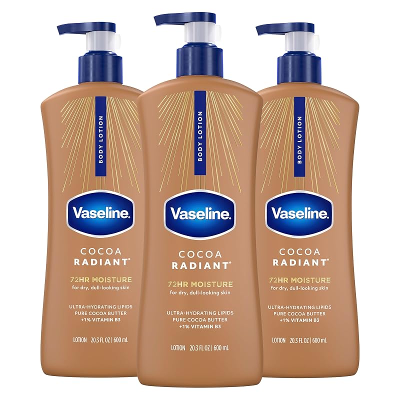 Loção corporal Vaseline Cocoa Radiant com manteiga de cacau para pele seca, 576 mL, pacote com 3