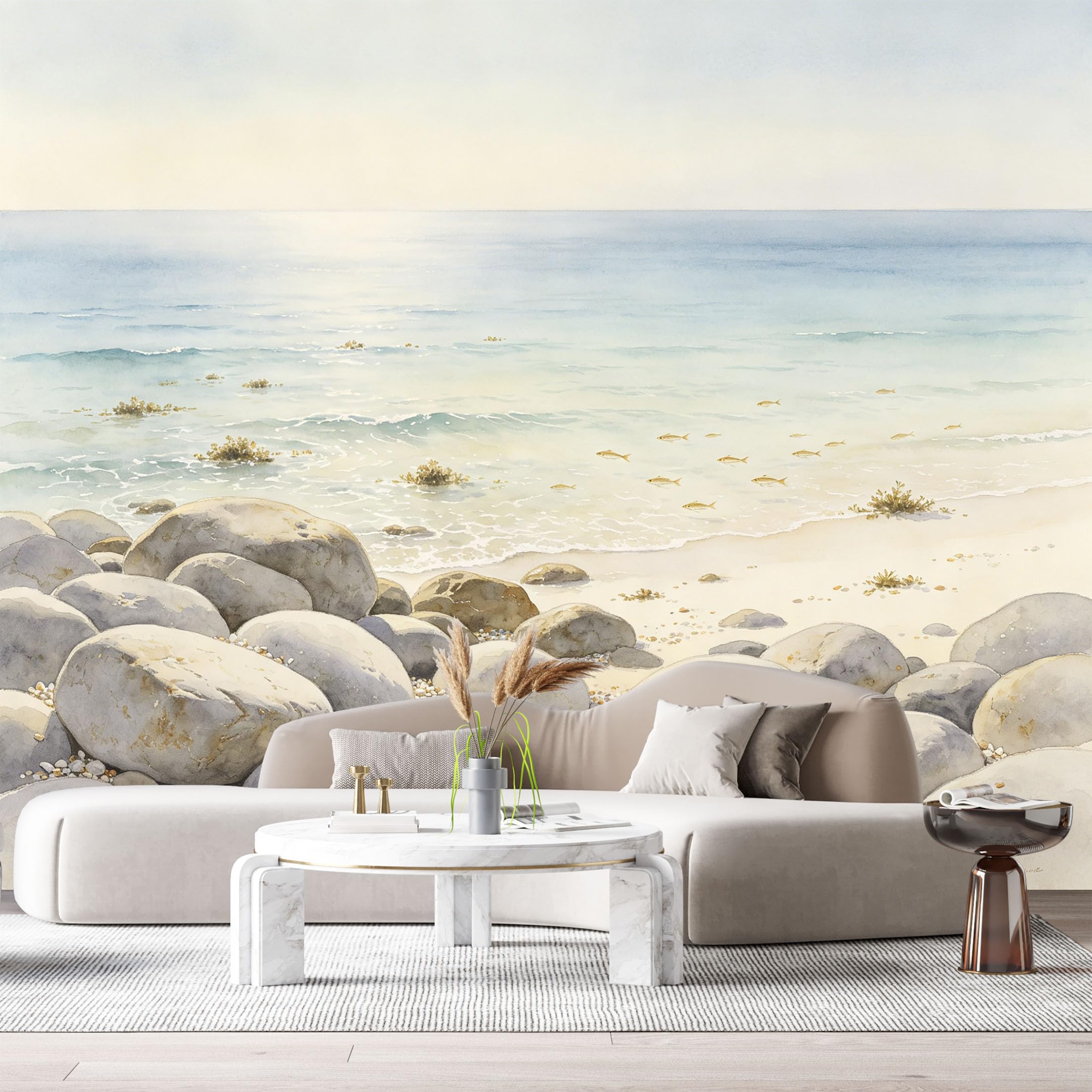 Custom Size Wall Murals Coastal Ocean Watercolor Painting Pebble Beach Calm Sea SelfAdhesiveWall Fabric Removable Wallpaper Wall Decor for Living Room Bedroom Bathroom