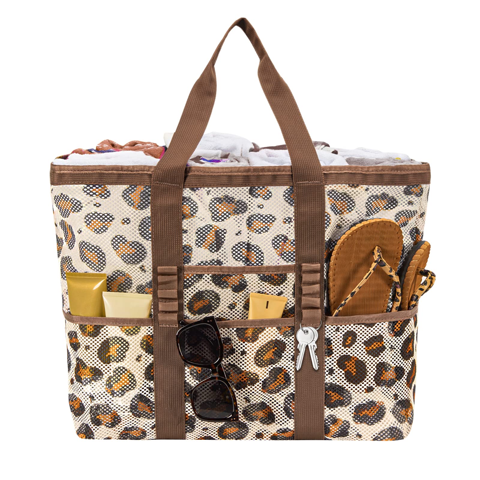 WAWSAM Bolsa playa de malla - Bolsa de playa de leopardo para mujer Bolsa de playa extra grande con 9 bolsillos y cremallera para playa Verano Vacaciones Piscina Piscina Bolsa de piscina