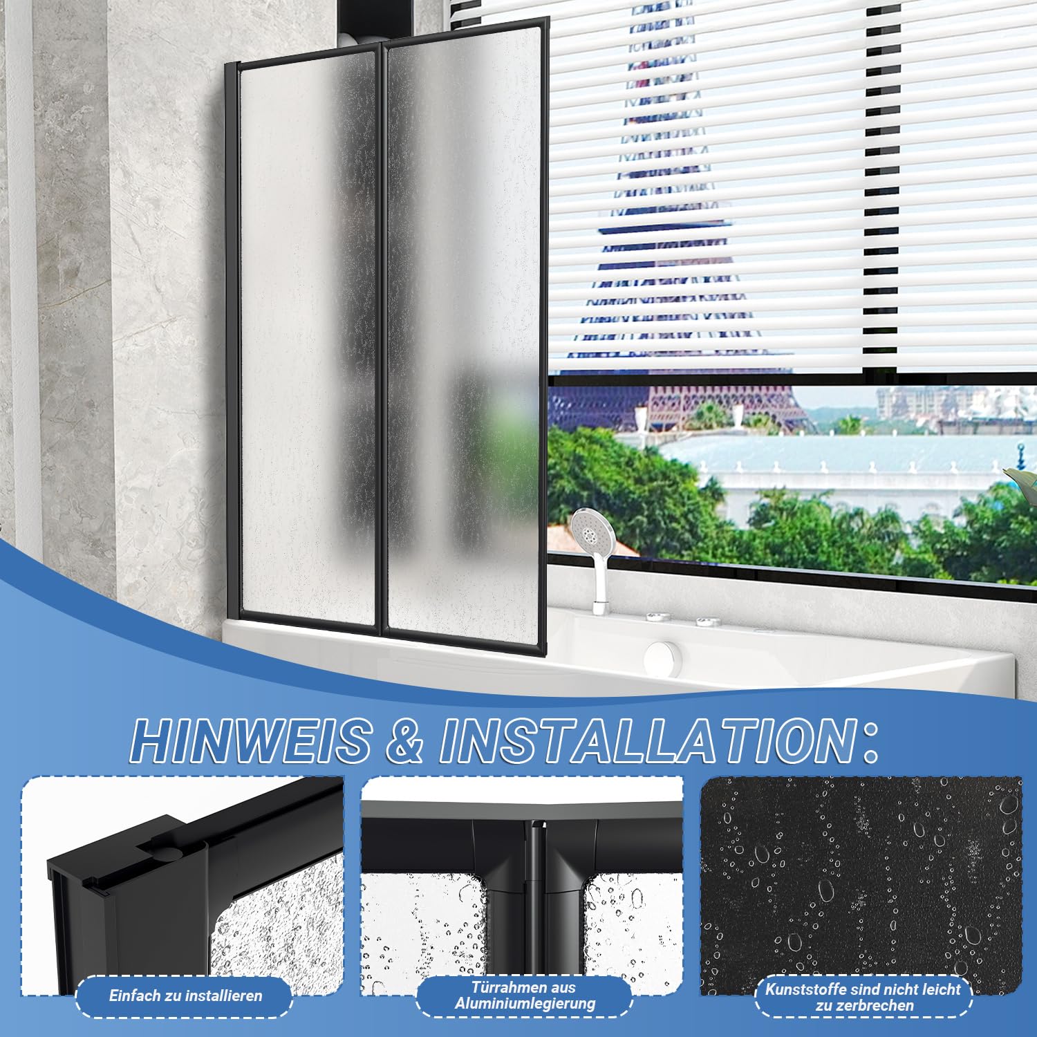 Parete doccia per vasca da bagno, 100 x 140 cm, 2 pezzi, pieghevole, in plastica PS