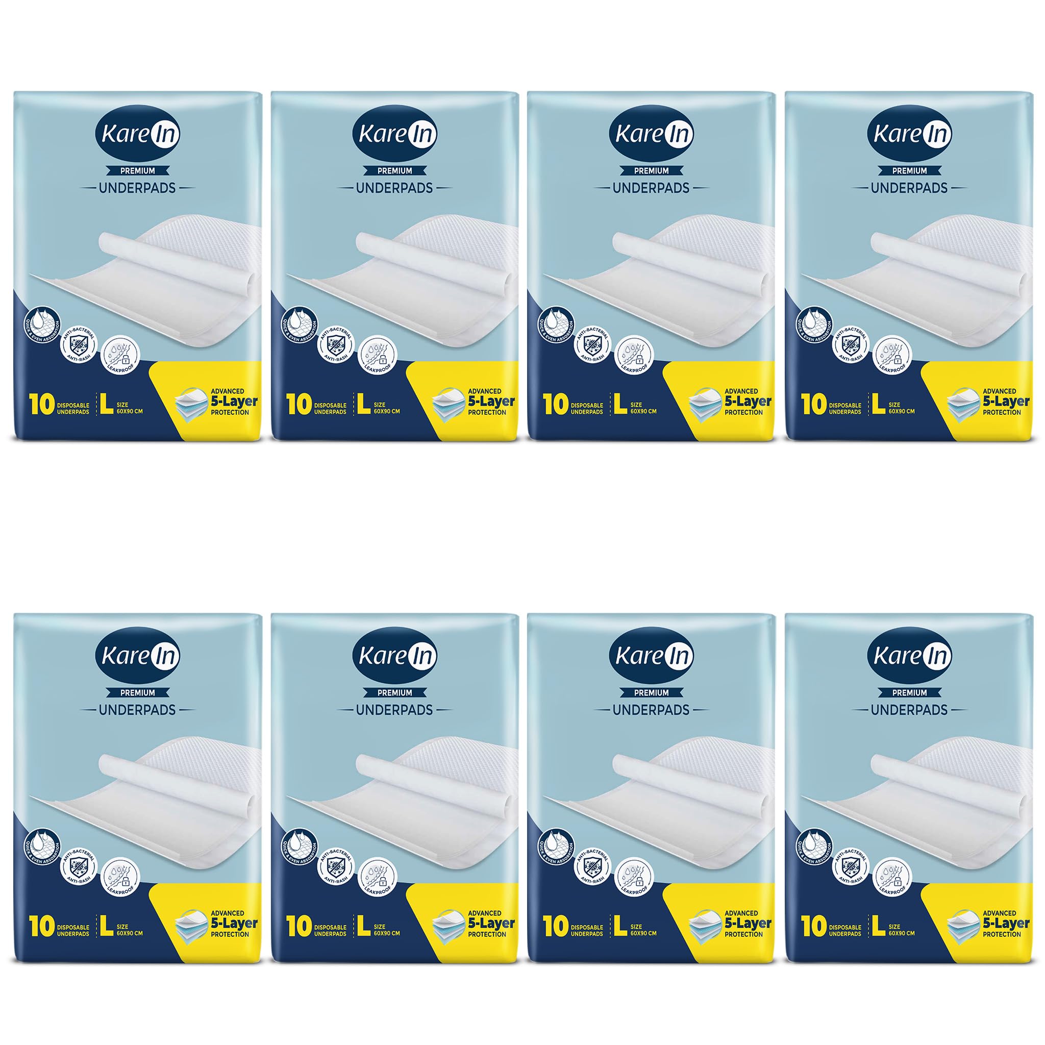 KareIn Premium Underpads For Adults, Large 60 x 90 cm, 80 Unit, Highly Absorbent, Anti-Bacterial, Rash Protection, Leak Proof, Protects Surfaces from Incontinence, Odor Control, Super Soft