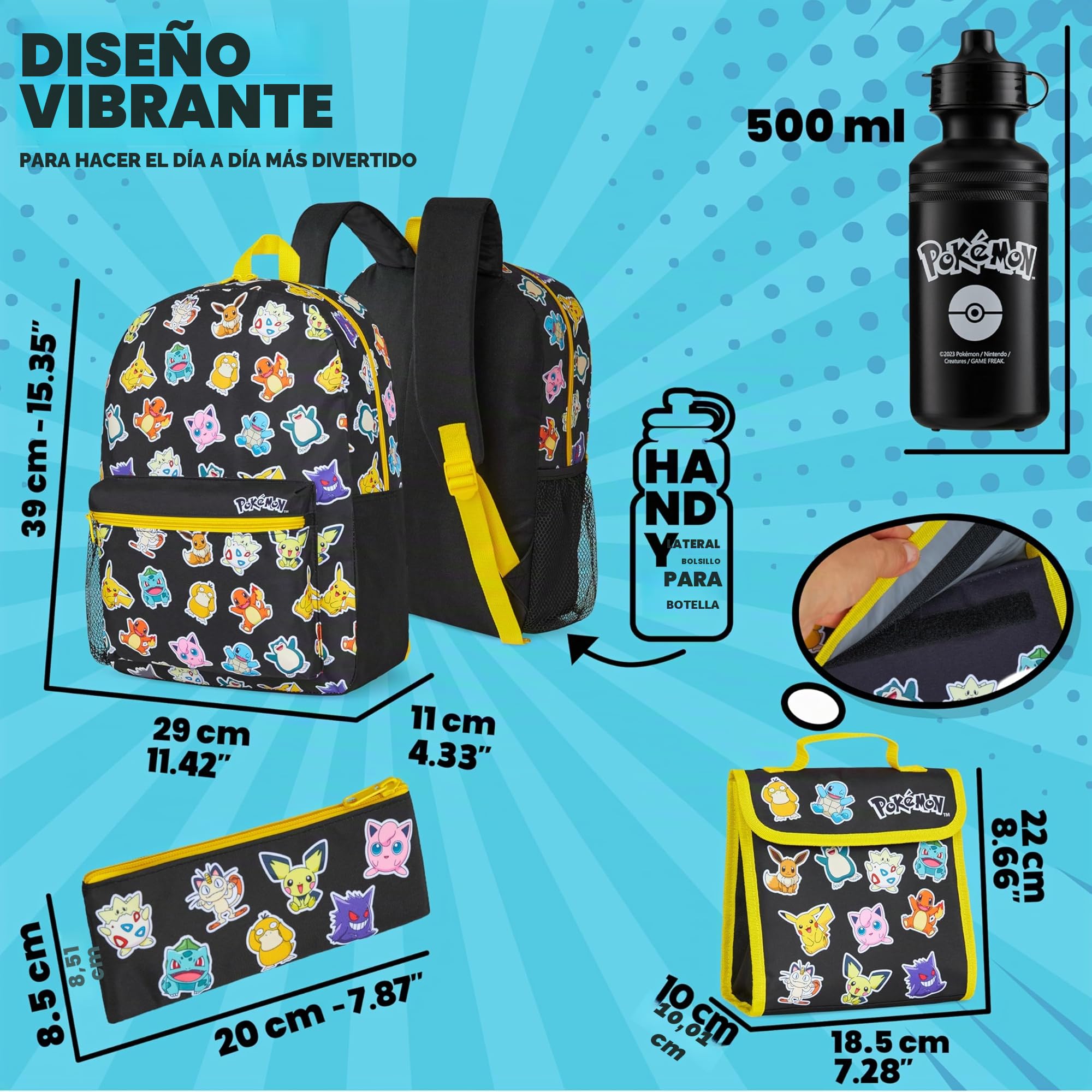 Pokémon Mochila Escolar Set Mochilas Escolares 4 Piezas con Botella de Agua Bolsa Almuerzo Estuche Infantil o Cartera Anime Material Escolar (Negro/Multi Set 4 Pzs)