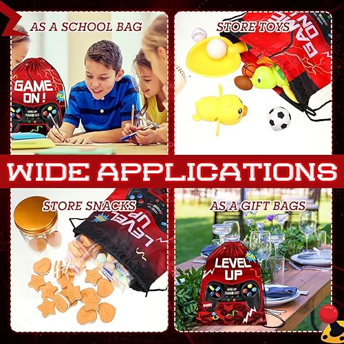 Miniatura 10 de Eccliy Paquete de 20 bolsas con cordón para fiestas de videojuegos de 12 x 10 pulgadas, bolsas de regalo para fiestas de videojuegos (verde, estilo