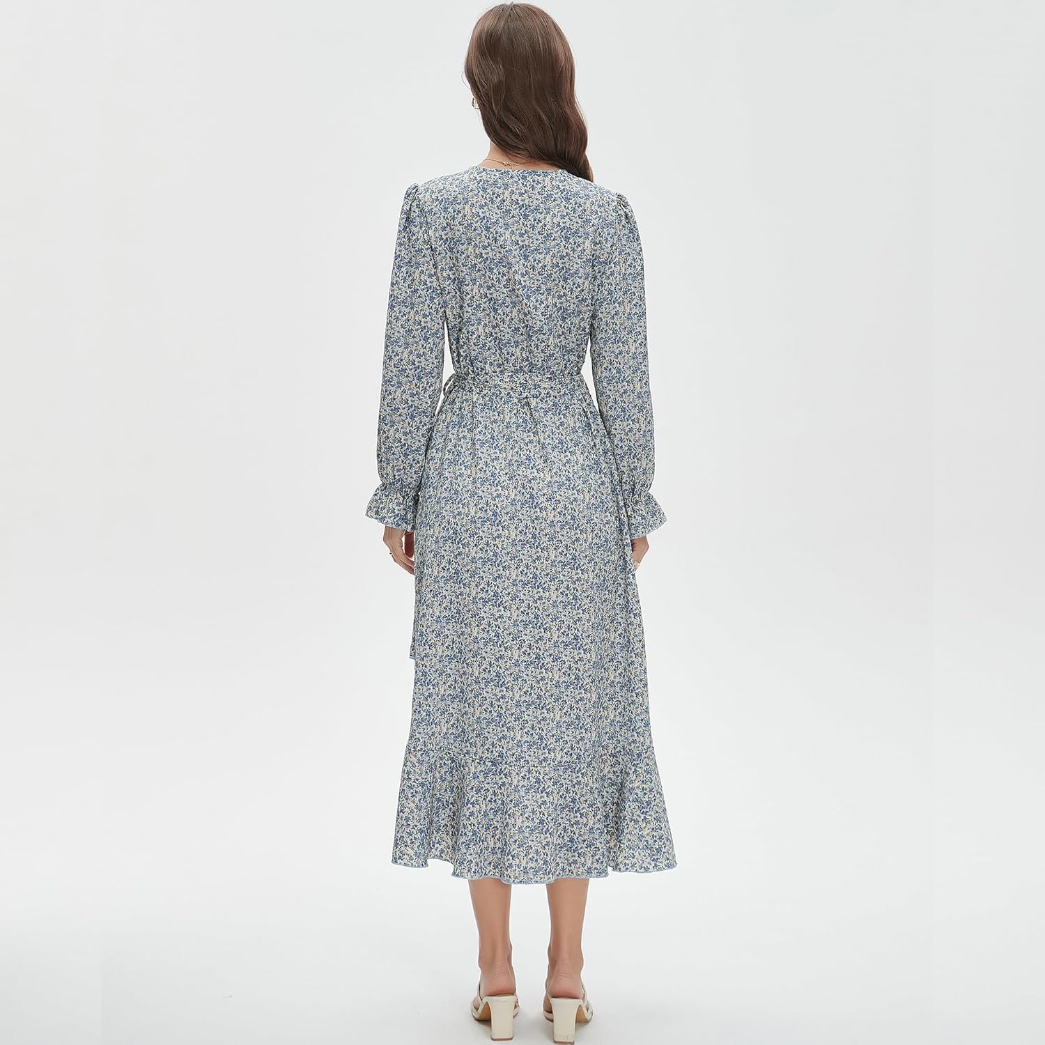 Women's Floral Bohemian Dress Long Sleeve Wrap V Neck Ruffle Flowy Maxi Casual Tie Waist Boho Asymmetrical Vacation Dresses - Image 5