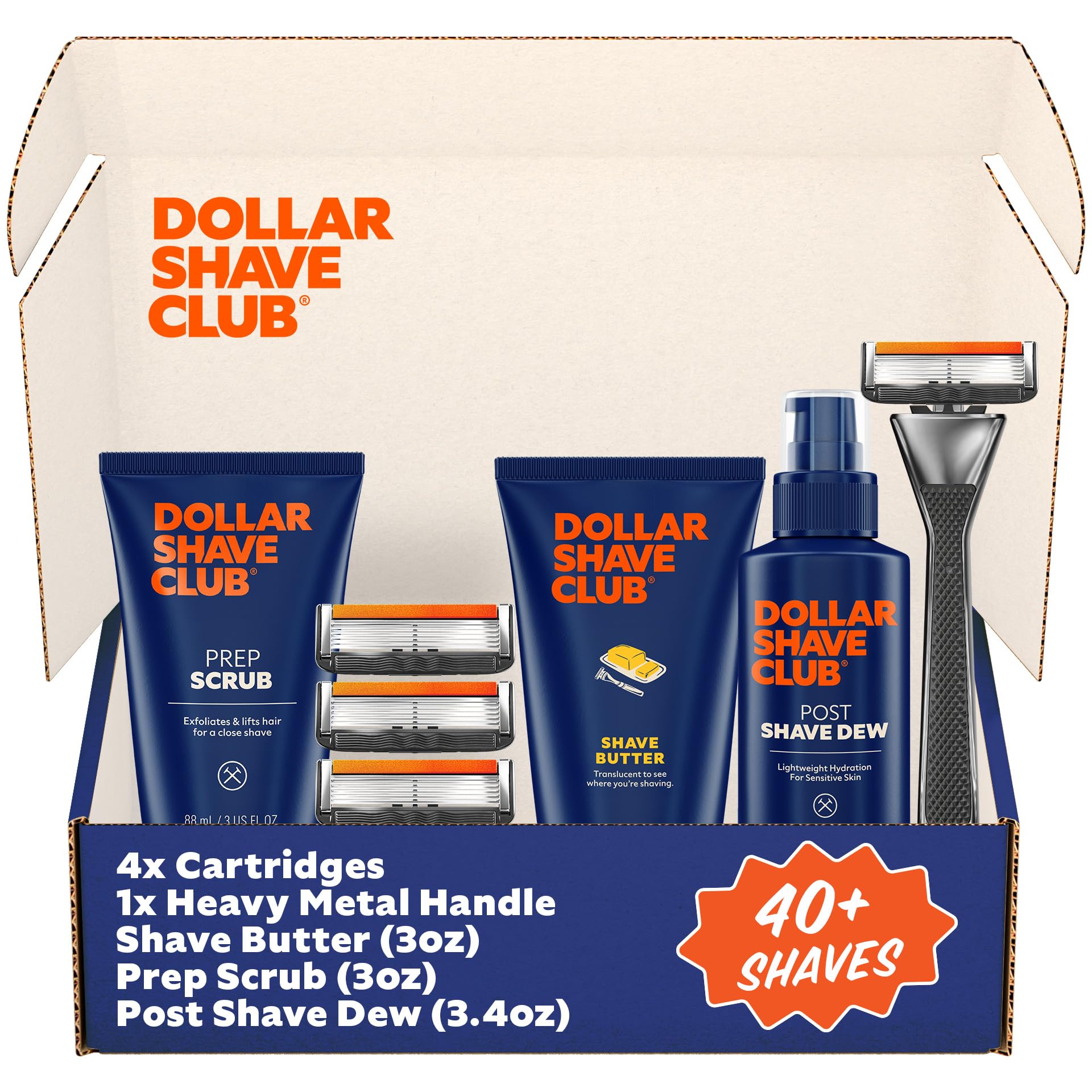 Dollar Shave Club | Total Package Gift Set | 4 Extra Close Refill Cartridges, 1 Heavy Metal Handle, 1 Prep Scrub 3 ounce, 1 Shave Butter 3 ounce, 1