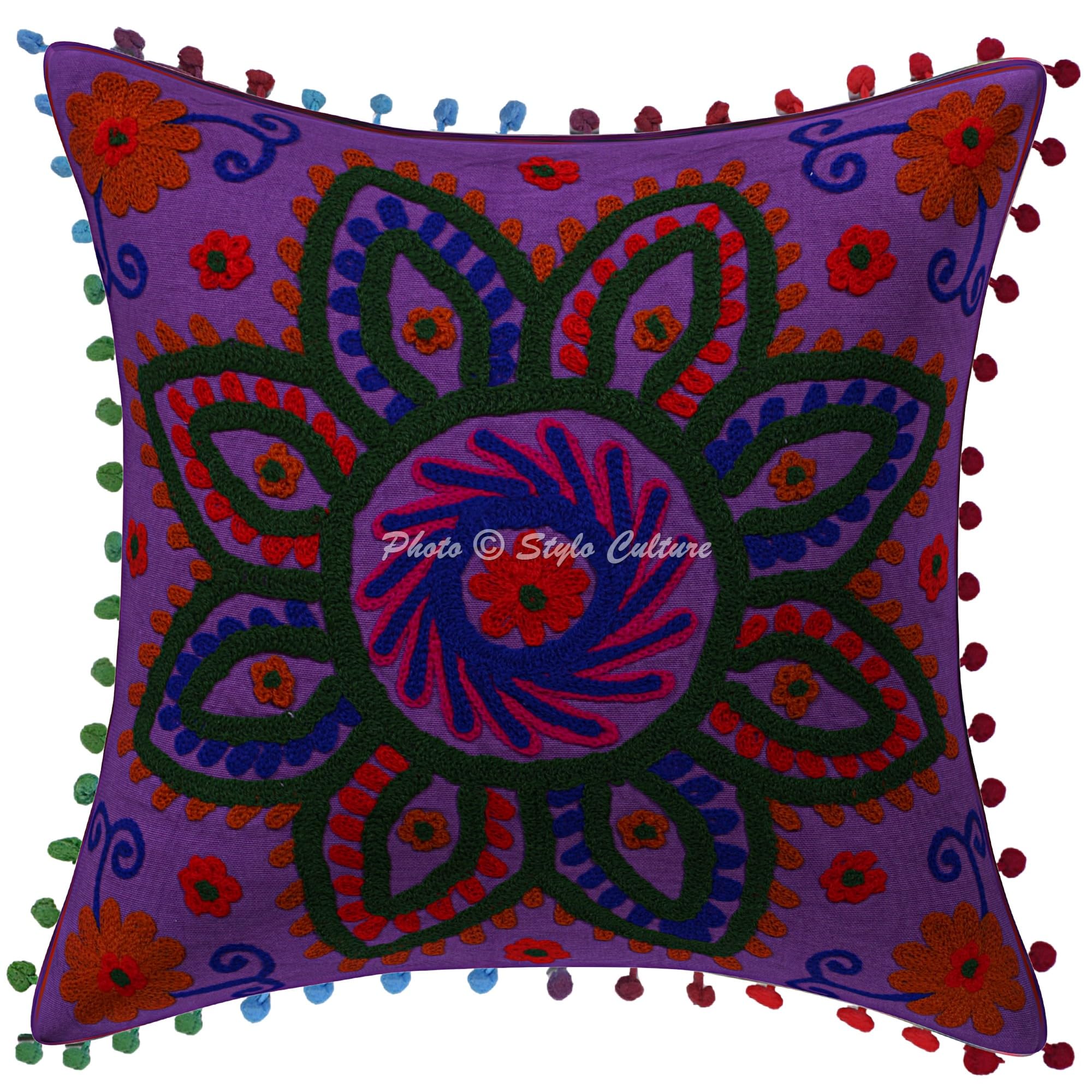 Indische Dekorativ Baumwolle Sofa Kissenbezüge 40x40 cm Lila Dekokissen Suzani Bestickte Pom-Pom-Spitze Wohnzimmer Couch Kissenhullen Blumen Quadrat Reißverschluss Kissen Bezüge - 4 Stk.