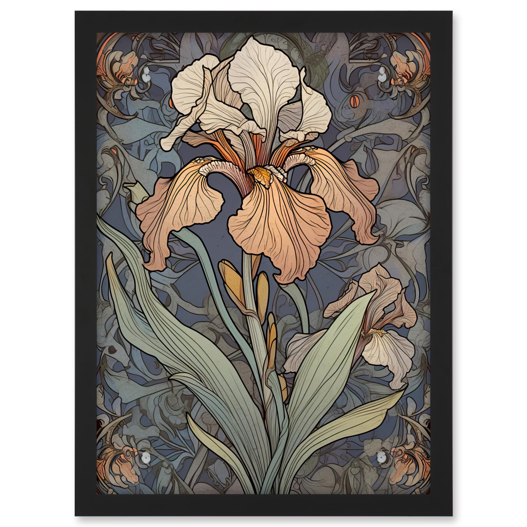 Artery8 Art Nouveau Style Iris Bloom Flower Watercolour Artwork Framed A3 Wall Art Print