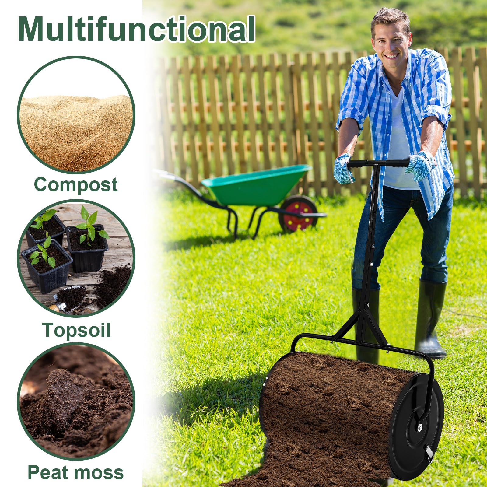 Hiboom Esparcidor de abono de turba para jardín, tierra superior, tierra, esparcidor de gotas de semillas con mango ajustable en forma de T, esparcidor de malla de metal ligero para patio (negro, 15.7
