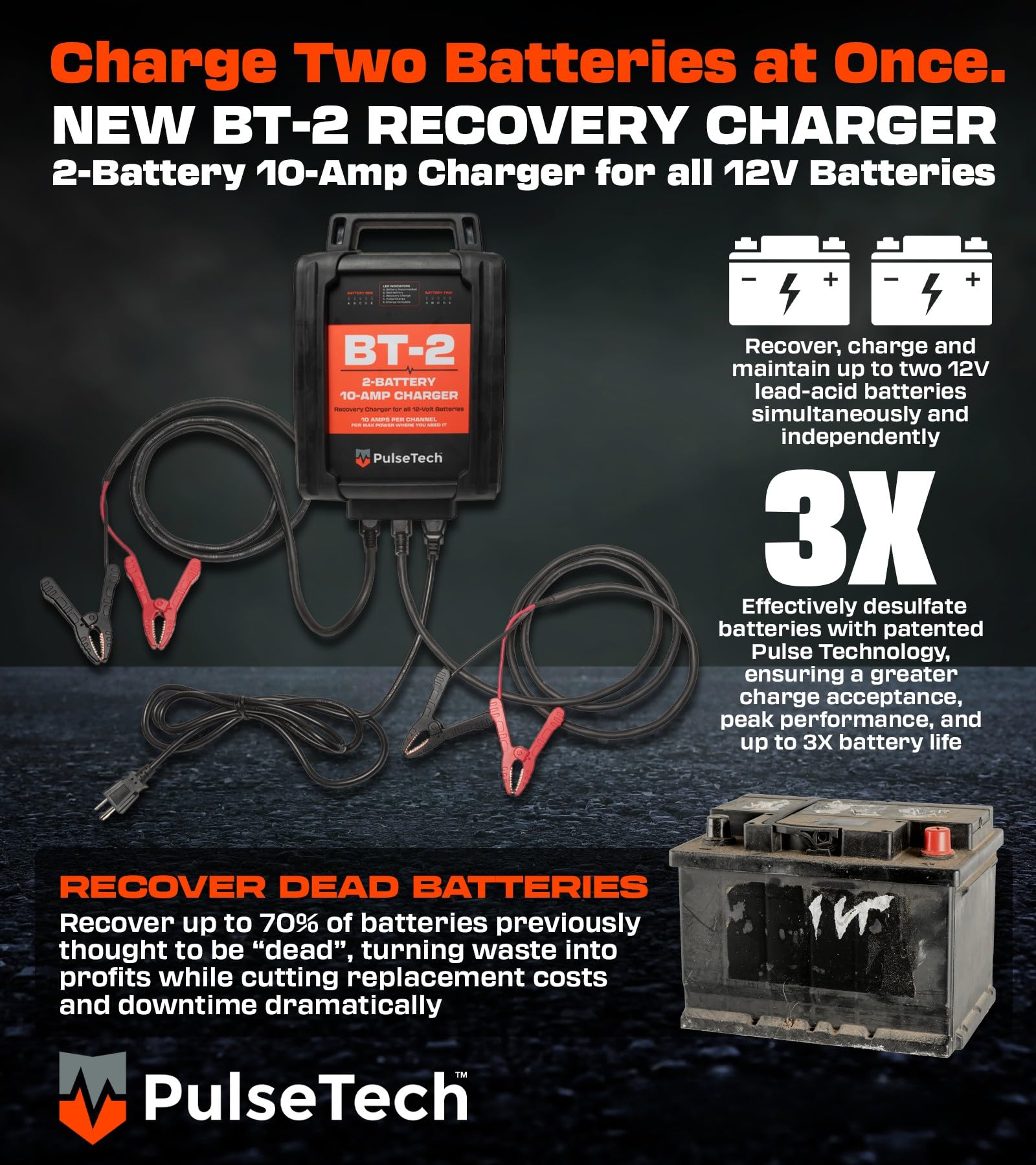 PulseTech BT-2 Dual Station, 2 baterías, cargador de recuperación de 10 amperios y mantenedor para baterías de 12 voltios