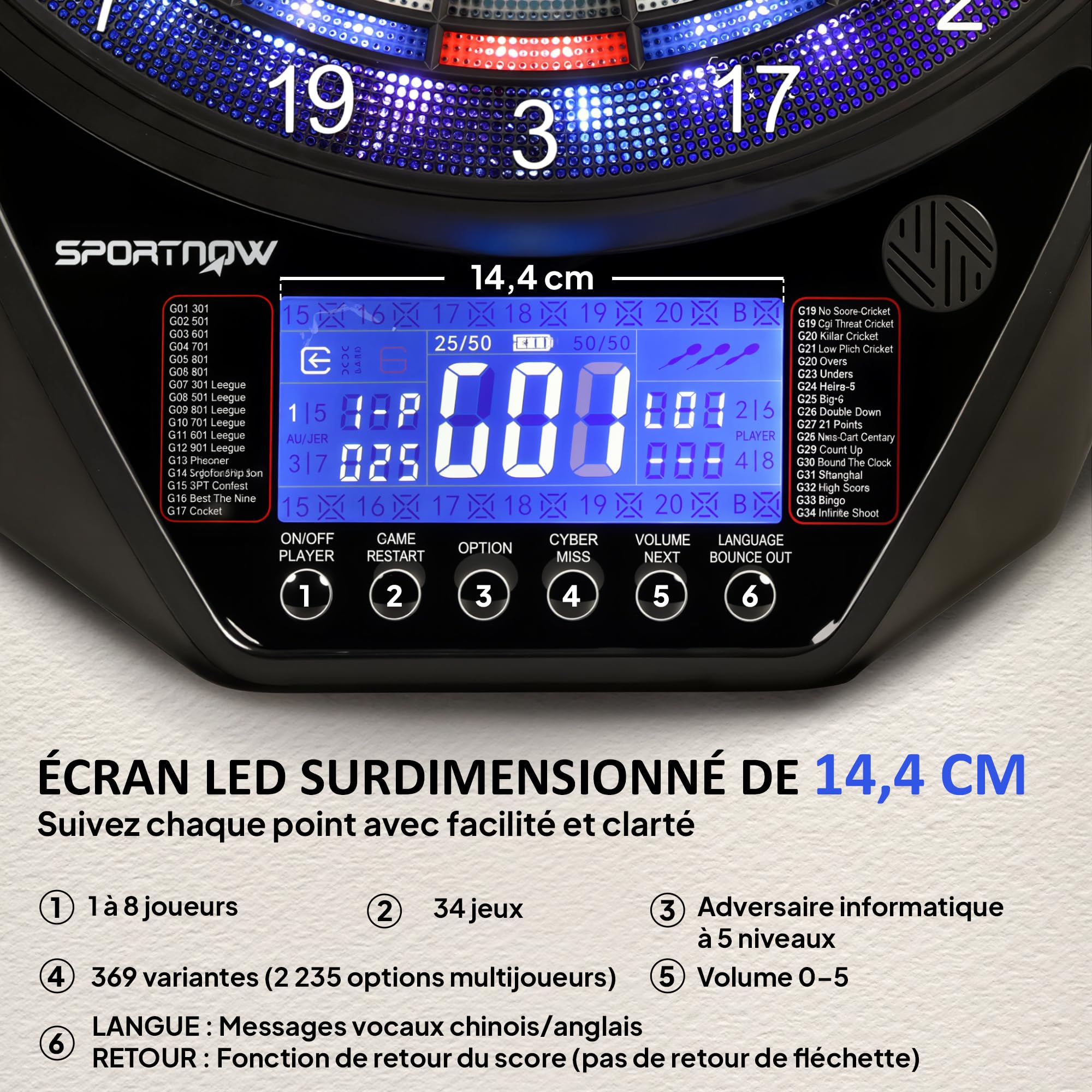 SPORTNOW Target elettronico per freccette con display LED XXL luminoso ricaricabile, set di freccette elettronico per 8 giocatori, 6 proiettili, 24 punte, 34 giochi, 2235 varianti