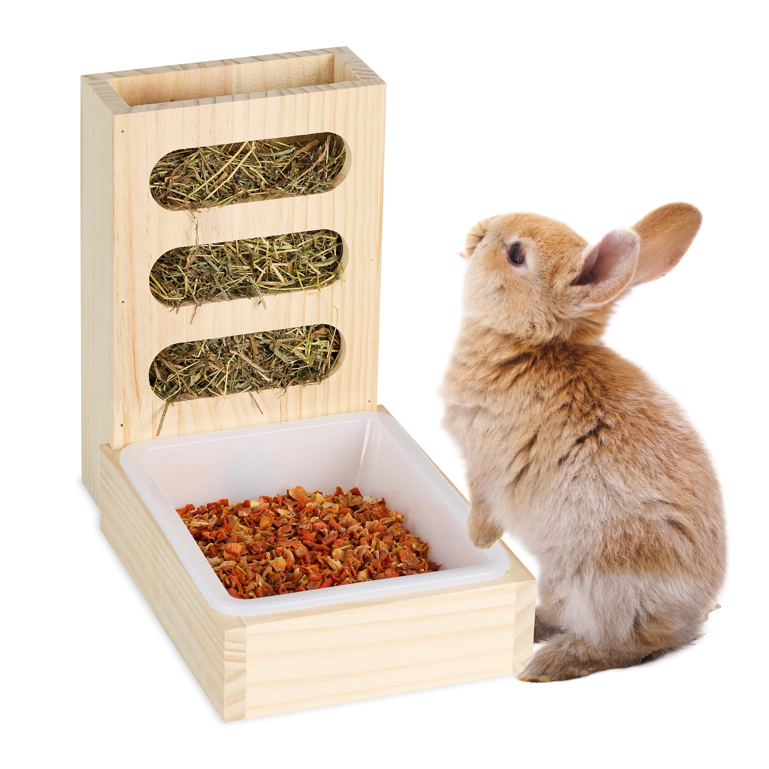 Relaxdays Comedero Henera, Bandeja Conejo y Cobaya, Estante Heno Colgante, Accesorio Jaula Madera, Natural, 24 x 16 x 29 cm
