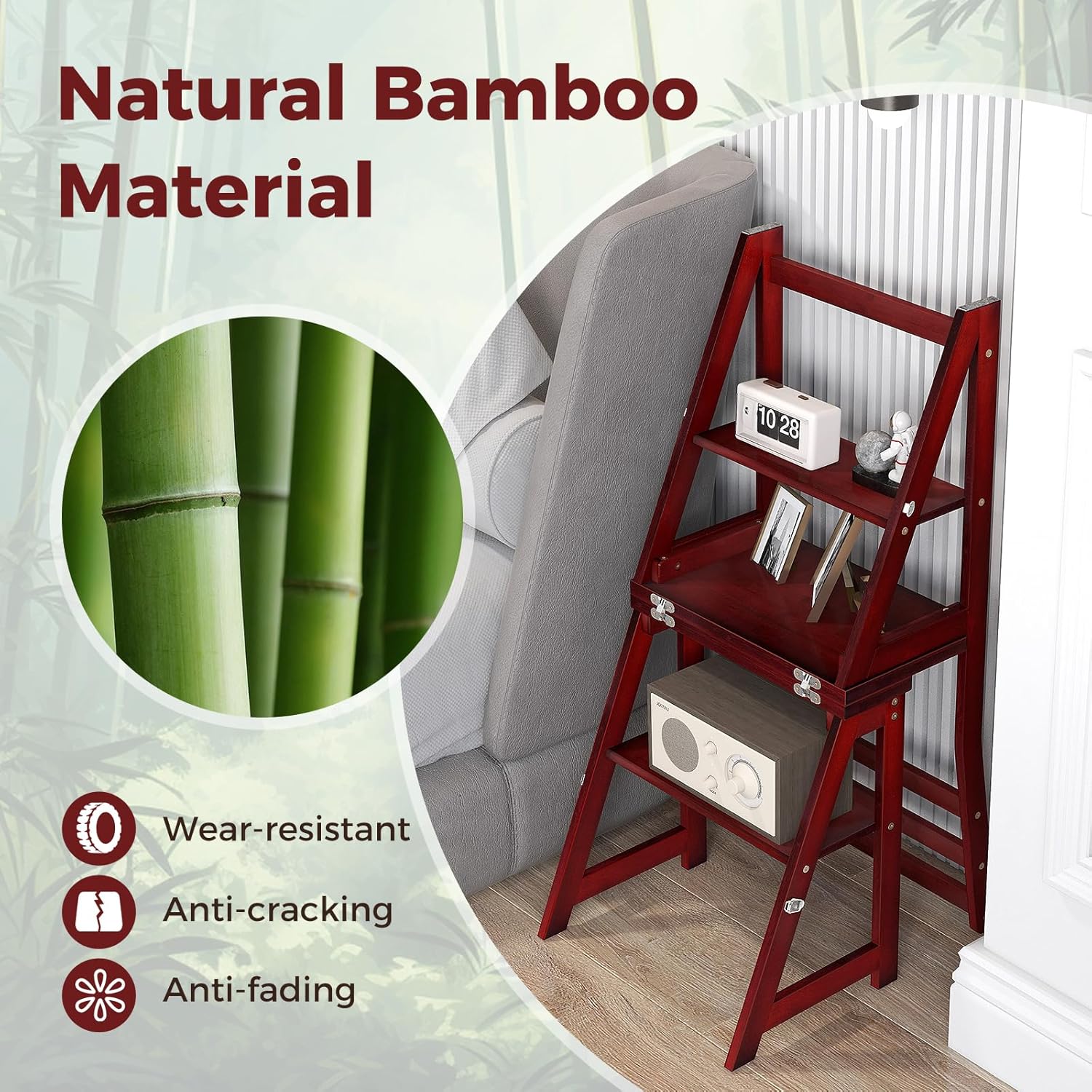 Giantex 3 Tier Folding Ladder Chair, Convertible 3 Step Stool and Chair w/Safety Locks for Adults, Bamboo Stepladder for Home Kitchen, Library & Office, 330 LBS Weight Capacity (Reddish Brown)