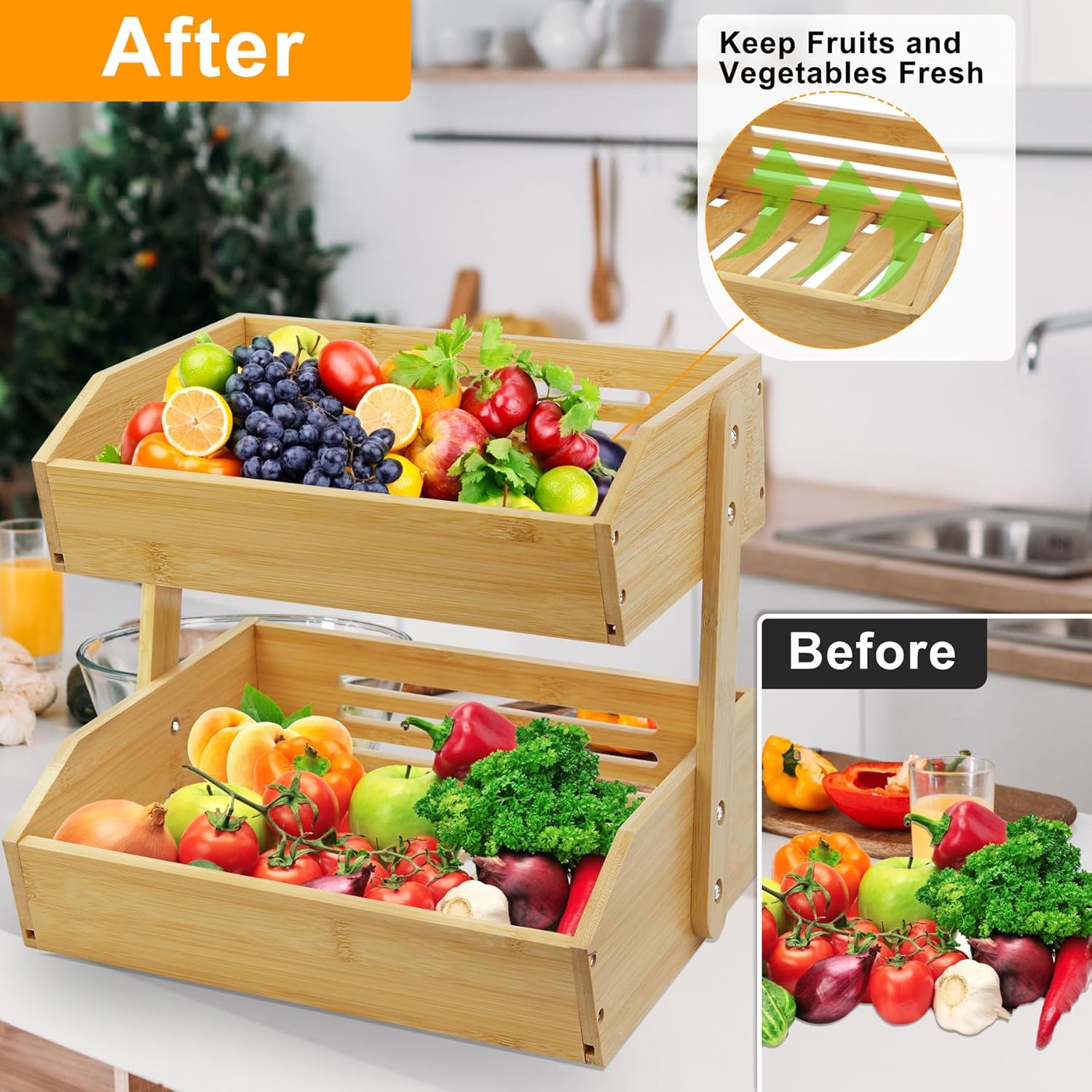 Fruit Basket Stand, 2 Tier Fruit Basket for Kitchen Counter, Produce Basket for Fruit and Vegetable Storage, Bamboo Basket Fruit Bowl Display Rack, Fruit Holder Snack Organizer - Image 4