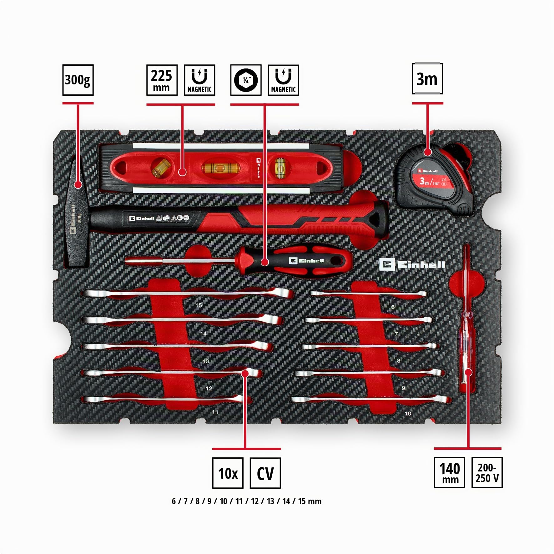 Einhell E-Case 79 pezzi valigetta portautensili Trasloco | Martello meccanico | pinze | accessori inserti | cutter | metro nastro | livella | chiavi combinate | valigetta sistema