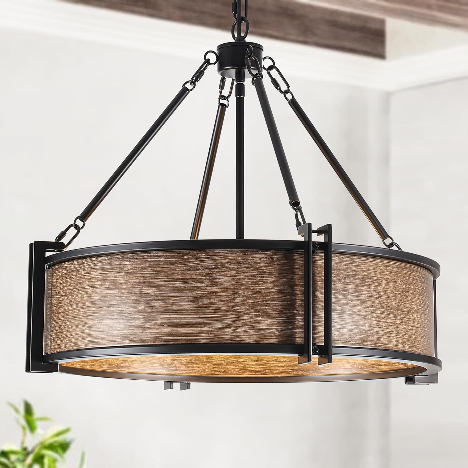 21" Farmhouse Chandelier, 5-Light Wood Texture Round Chandelier, Industrial Hanging Pendant Light Fixture for Dining Room Kitchen Island Foyer Hallway Bedroom