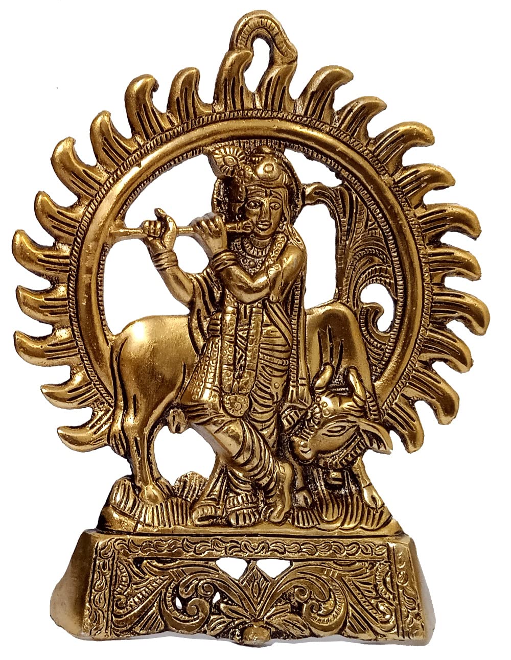 Purpledip Metal Idol Surya Krishna: Wall Hanging Statue Of Divine Kamdhenu With Gopala, Gold (12511)